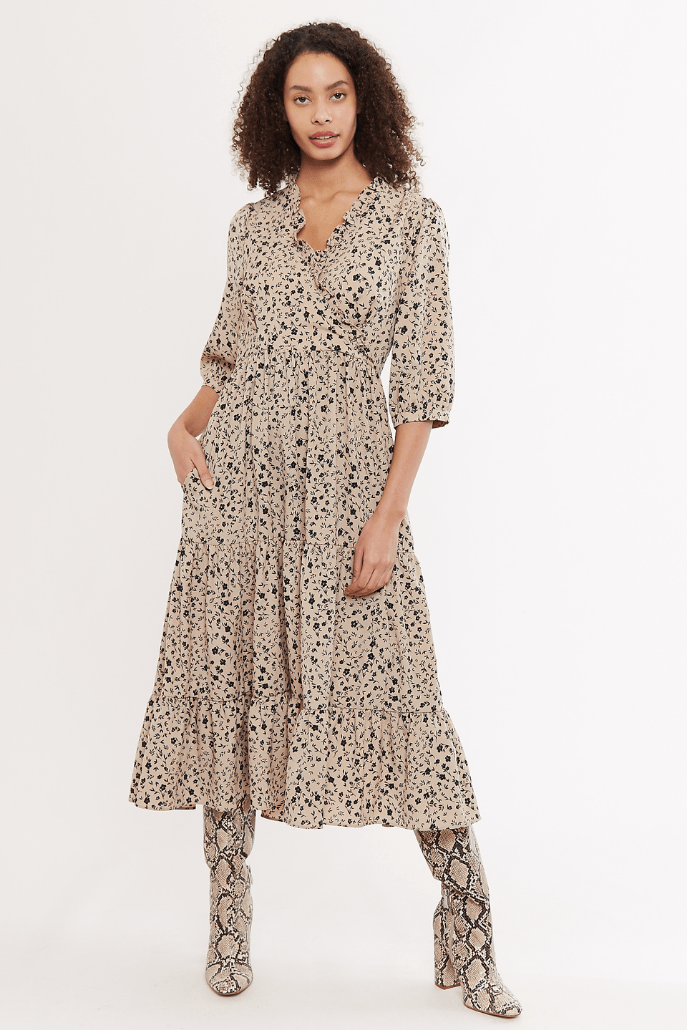 Louche Abeline Cosmos Print V Neck Tie Midi Dress