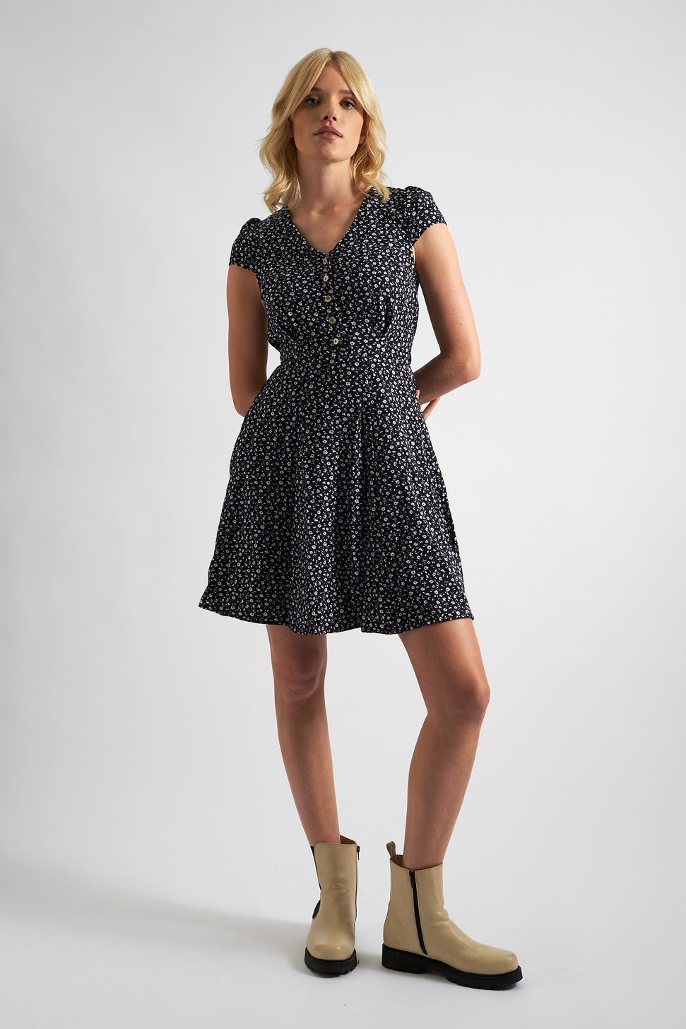 Cathleen Mini Forget Me Not Print Tea Dress Navy