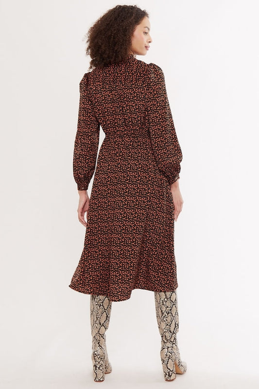 Louche Zuri Piccola Flower Print Tie Neck Long Sleeve Midi Dress