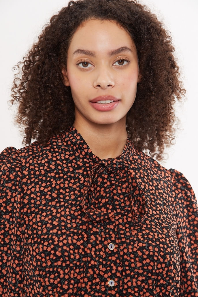 Louche Zuri Piccola Flower Print Tie Neck Long Sleeve Midi Dress