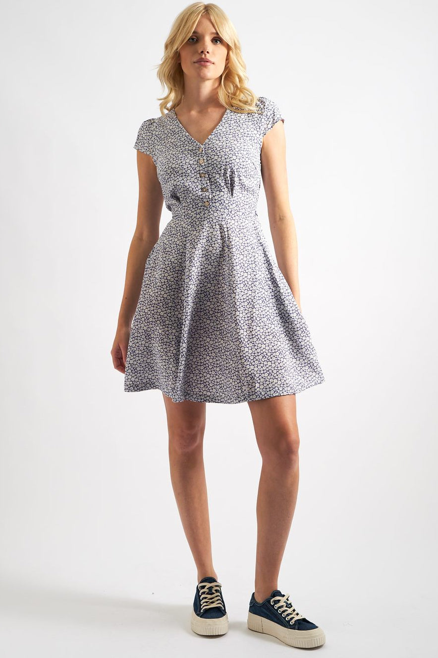 Cathleen Mini Floral Print Tea Dress Blue