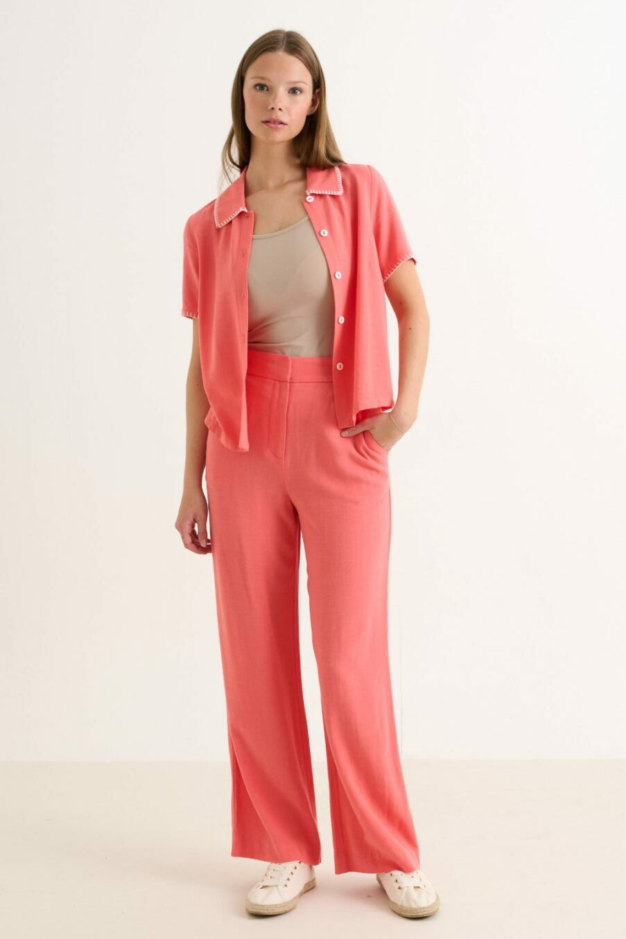 Tilde Linen Mix Straight Leg Trouser- Coral - Detail 2