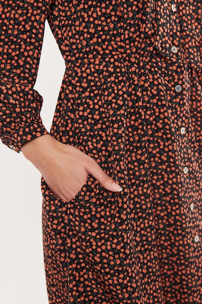 Louche Zuri Piccola Flower Print Tie Neck Long Sleeve Midi Dress