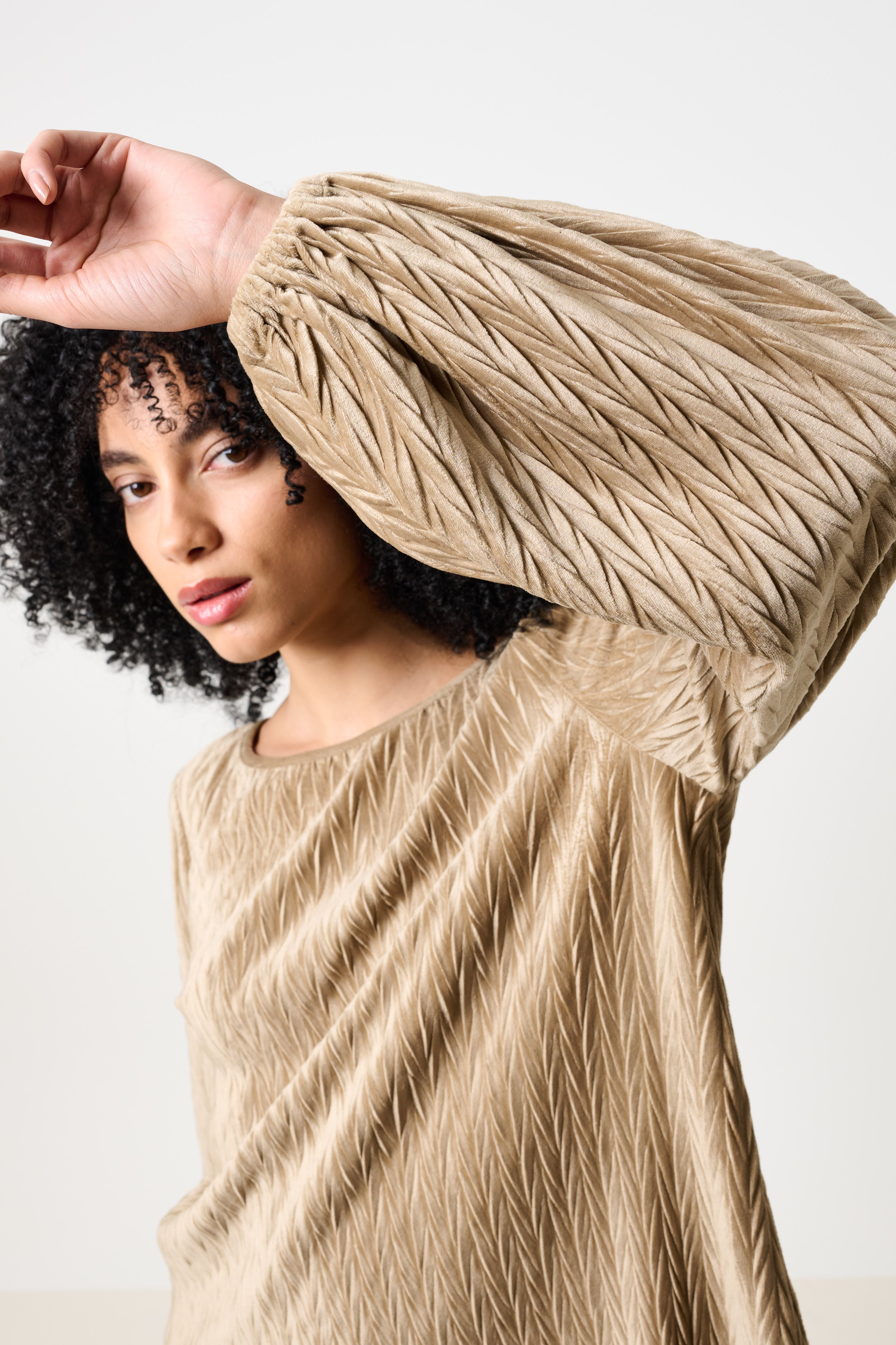 Aba Velvet Pleat Long Sleeve Top - Pale Taupe - Detail 3