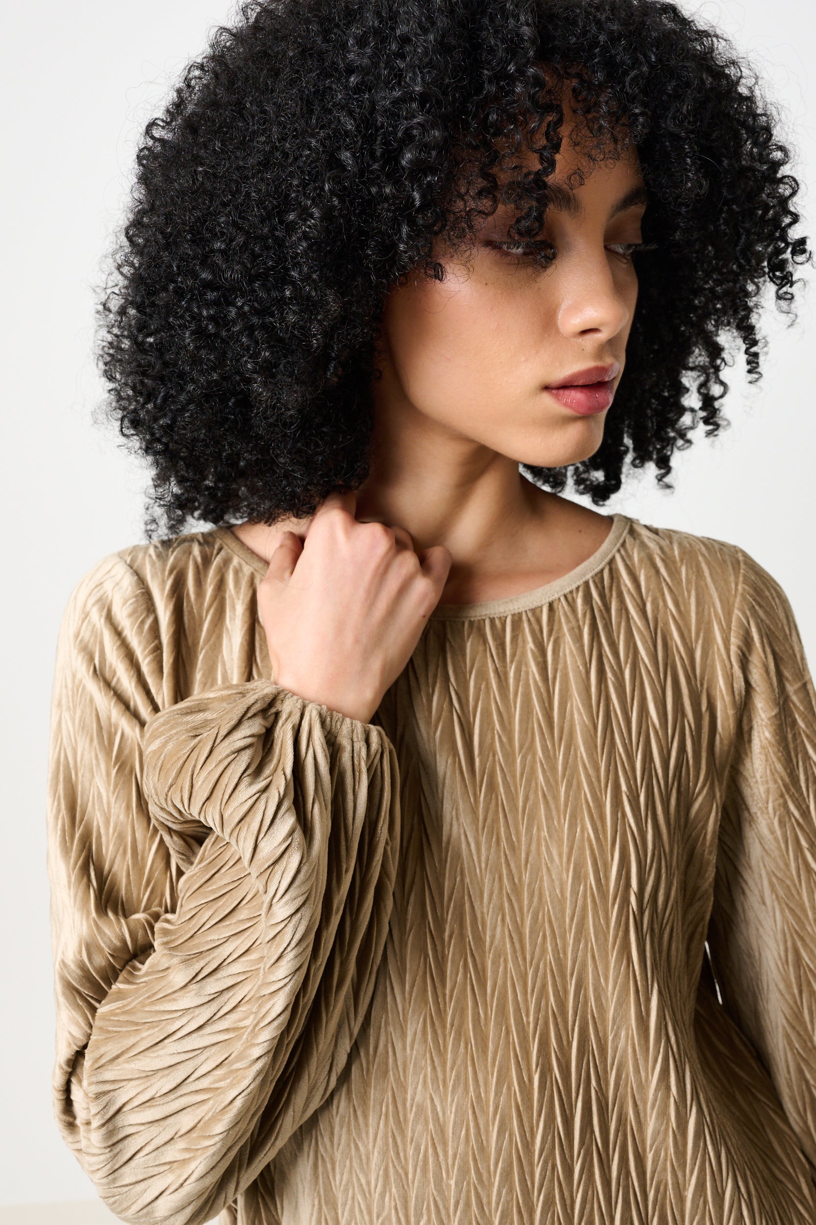 Aba Velvet Pleat Long Sleeve Top - Pale Taupe - Detail 1
