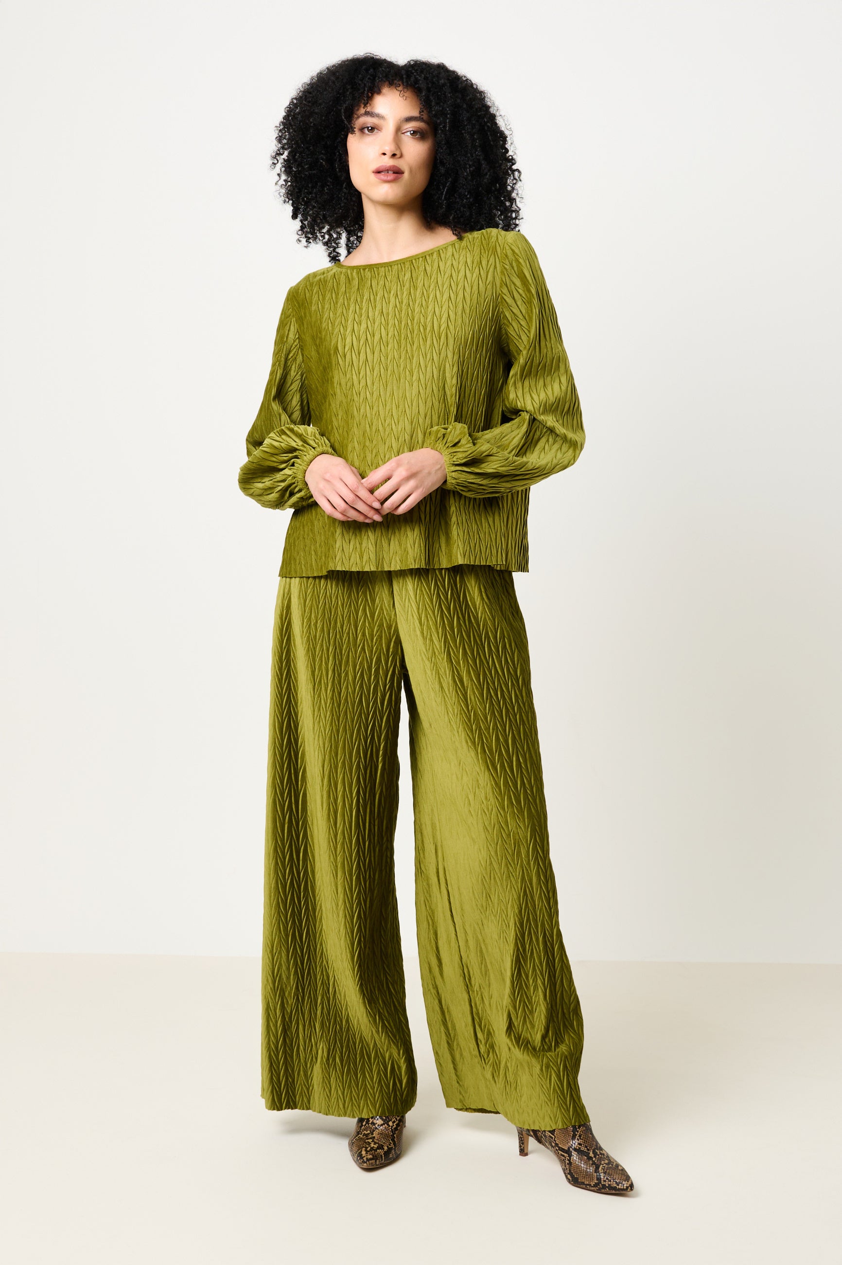 Aba Velvet Pleat Long Sleeve Top - Kiwi