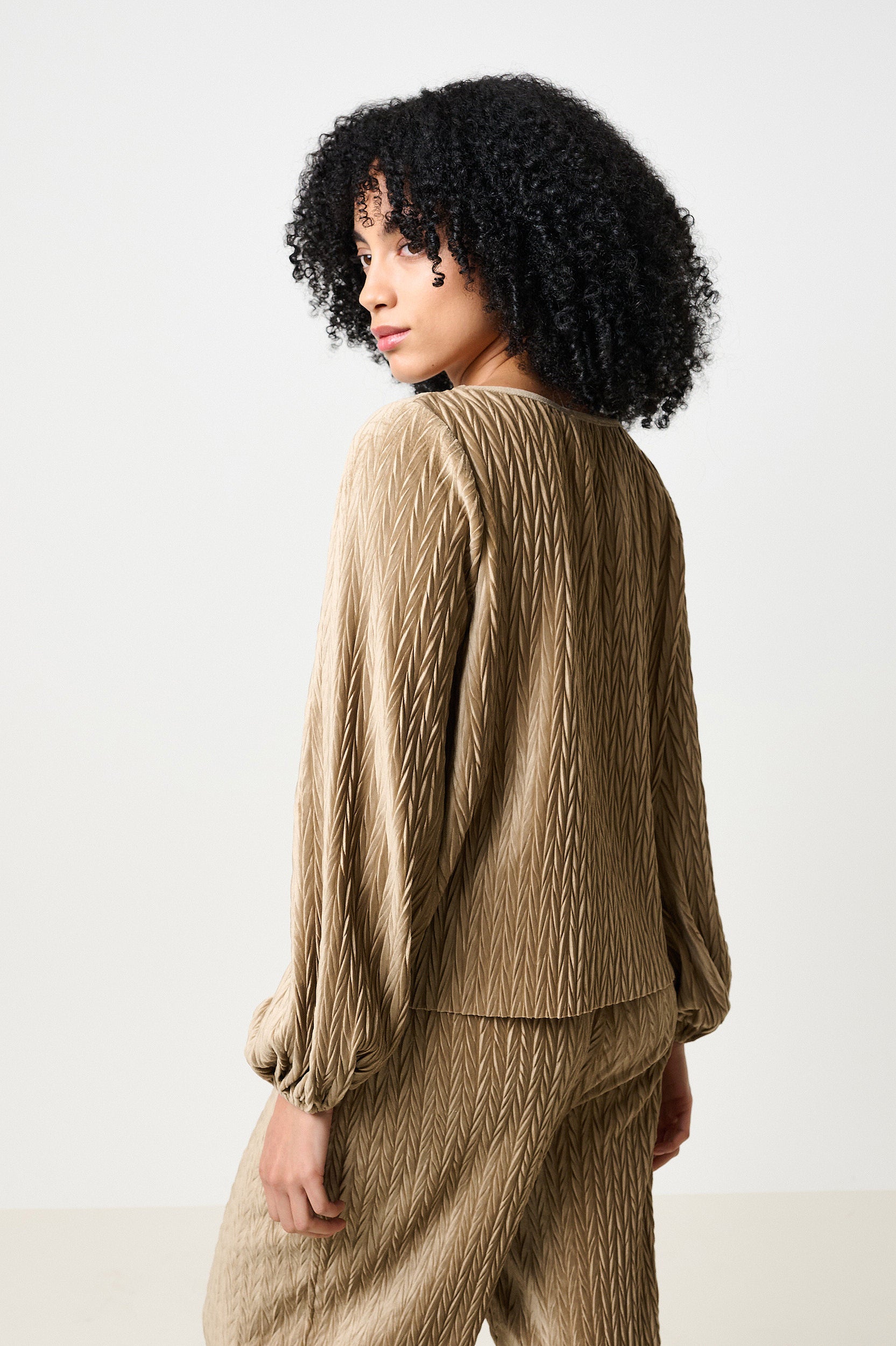 Aba Velvet Pleat Long Sleeve Top - Pale Taupe