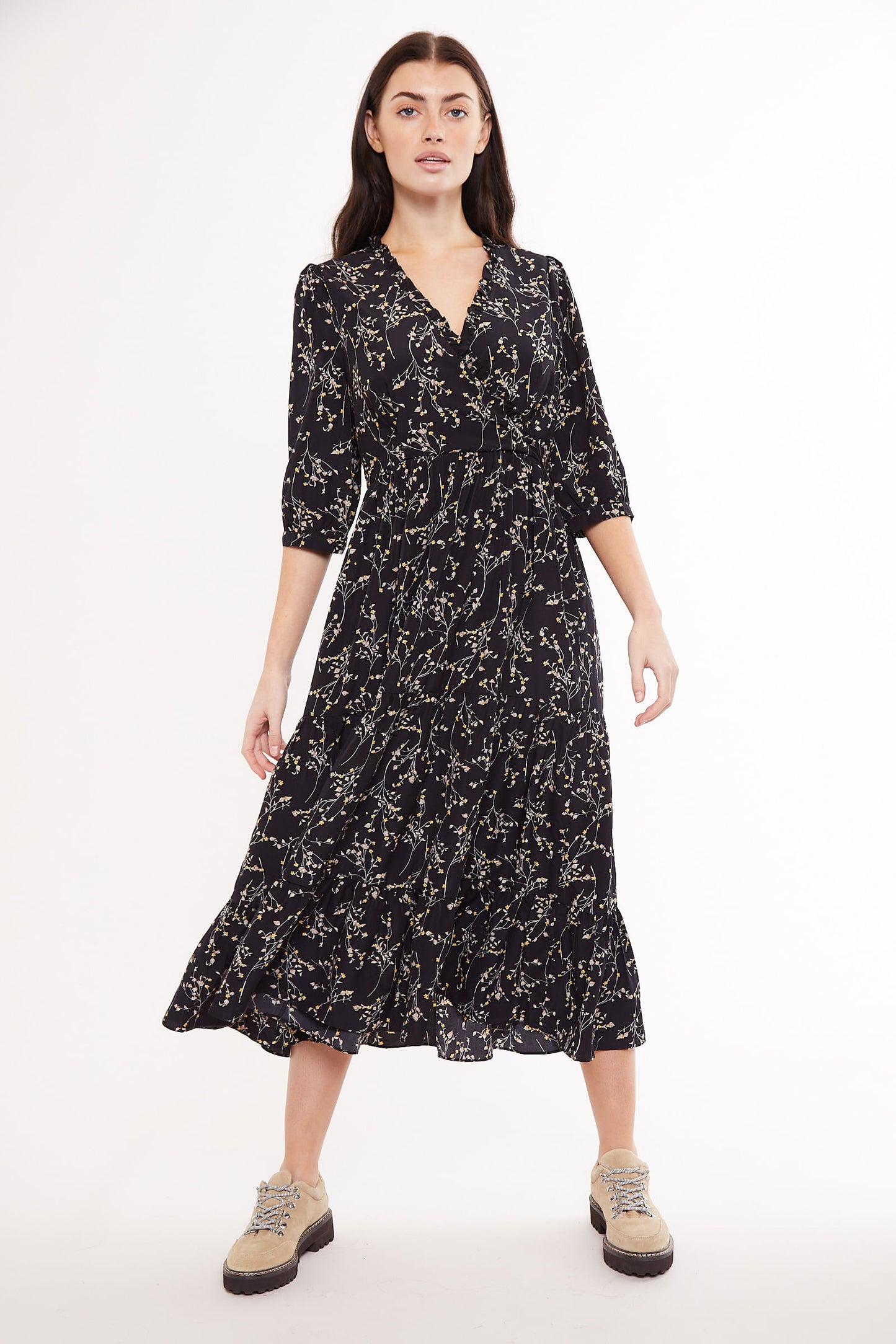 Louche Abeline Clemantis Print V Neck Tie Midi Dress