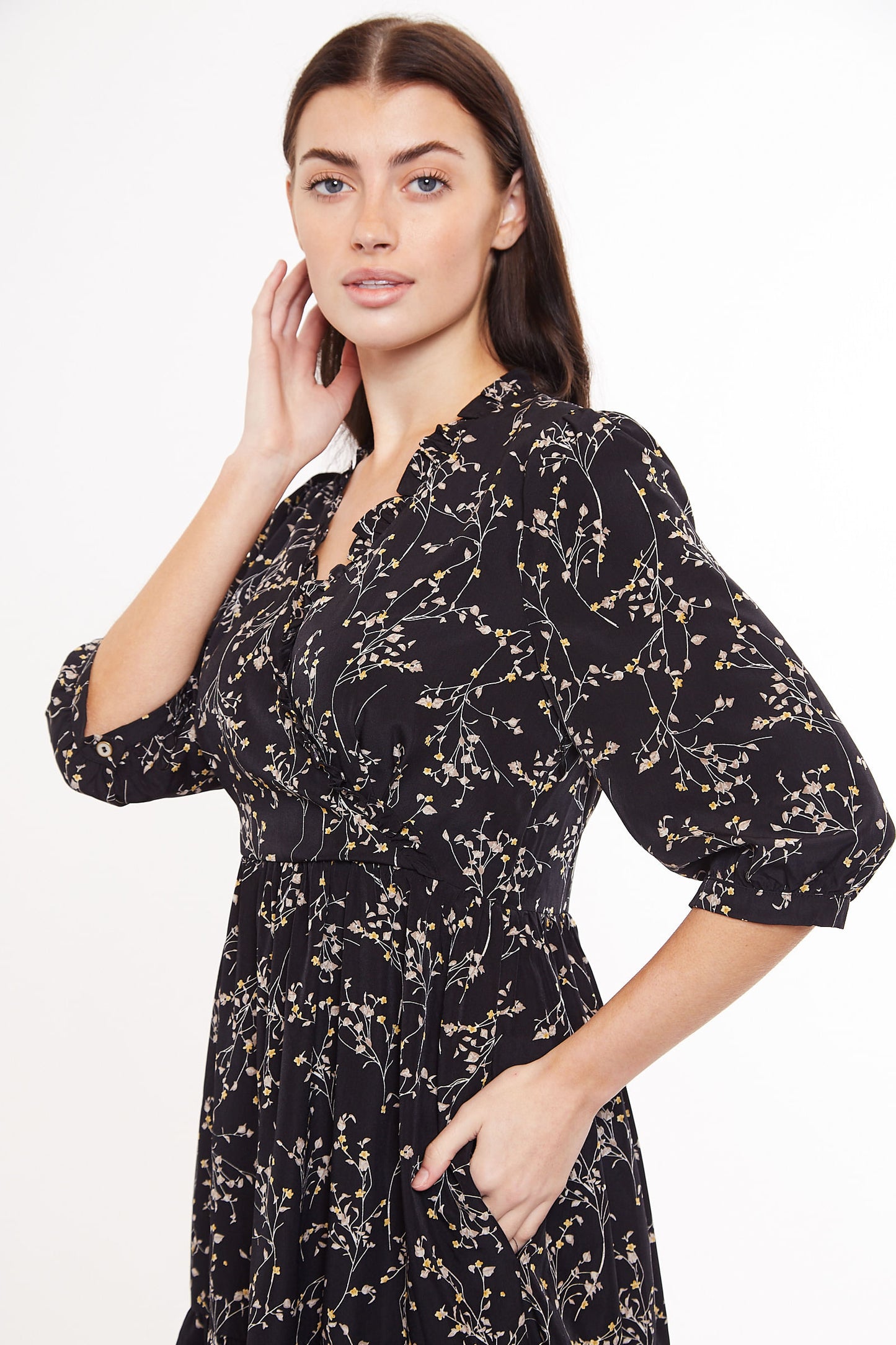 Louche Abeline Clemantis Print V Neck Tie Midi Dress