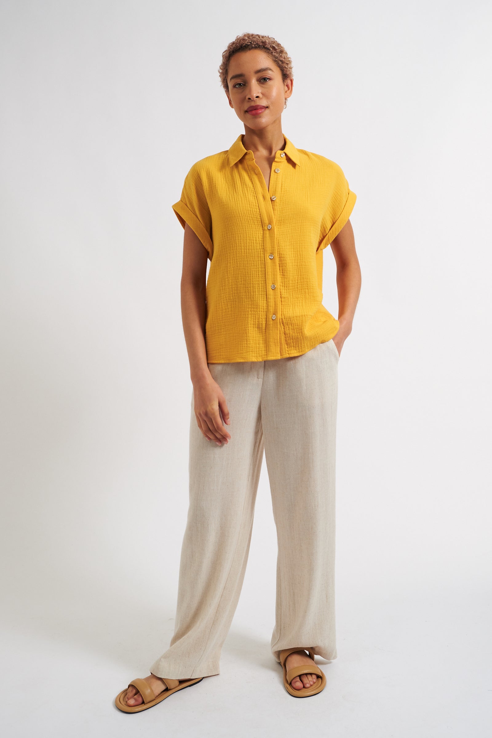 Abinaya Mustard Double Gauze Short Sleeved Shirt