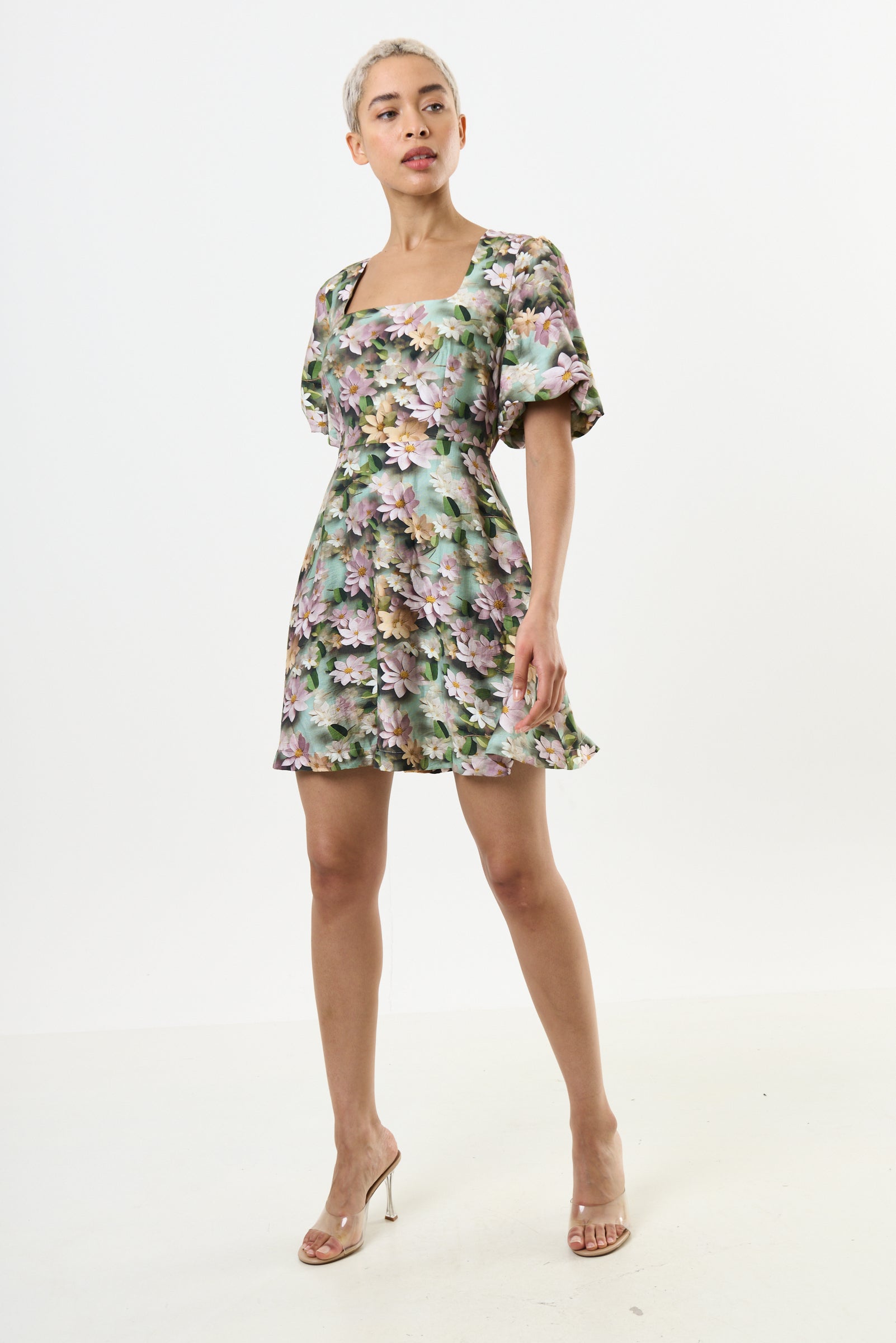 Agata 3D Daisy Print Mini Dress - Green
