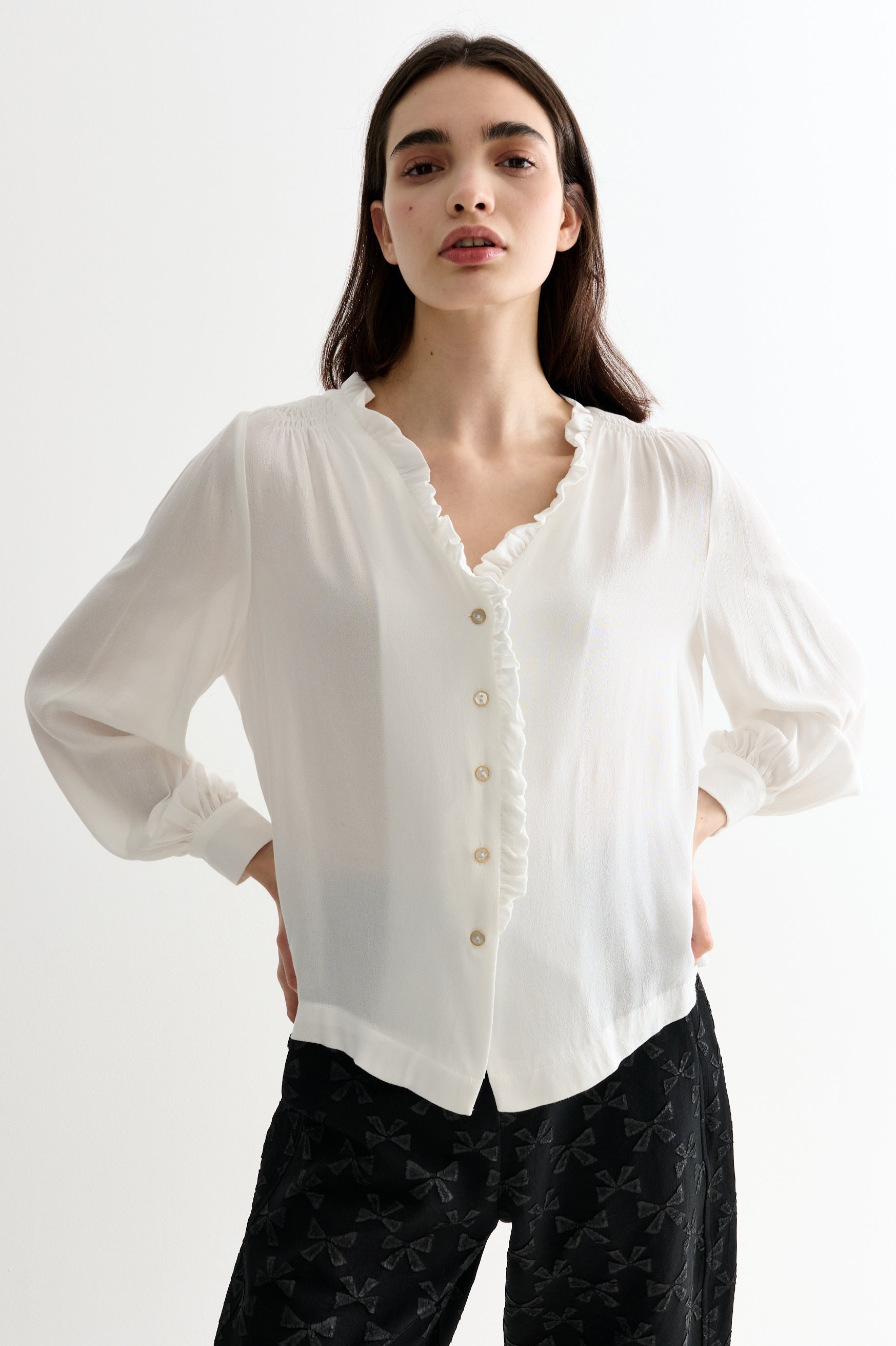 Alegra Moss Crepe Frill V-Neck Blouse