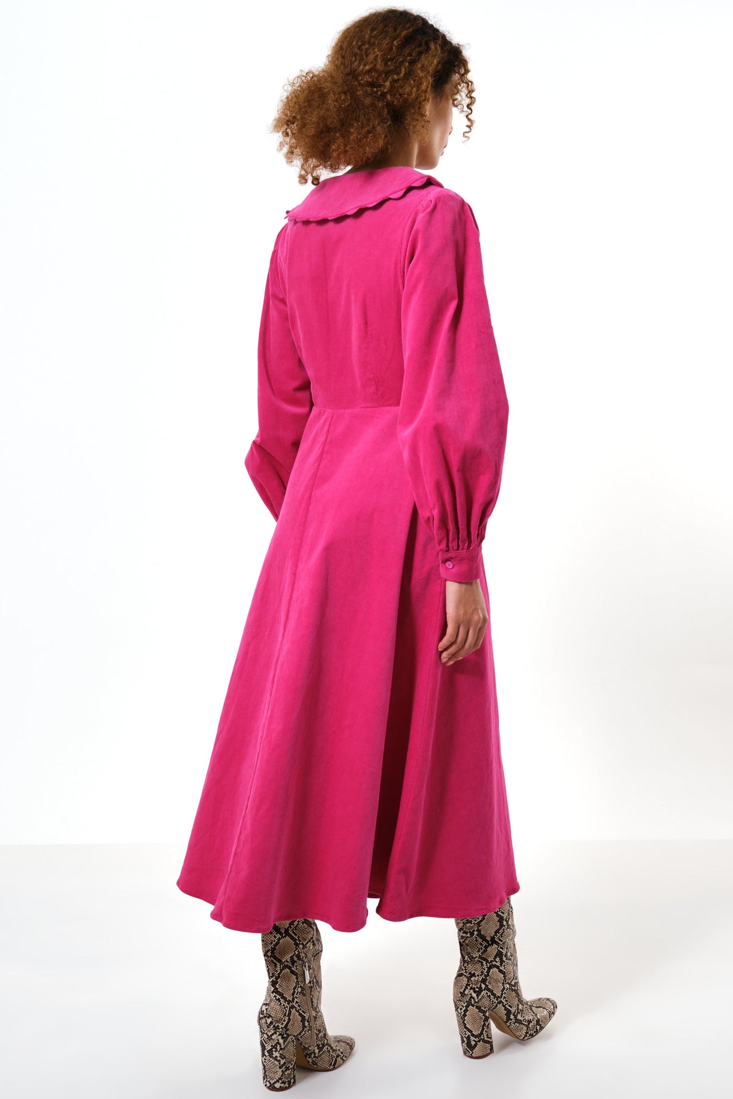 Alva Babycord Long Sleeve Midi Dress - Pink