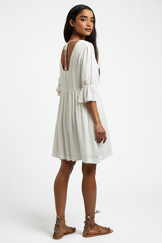 Amarine Self Dot Square Back 3/4 Sleeve Mini Dress - White