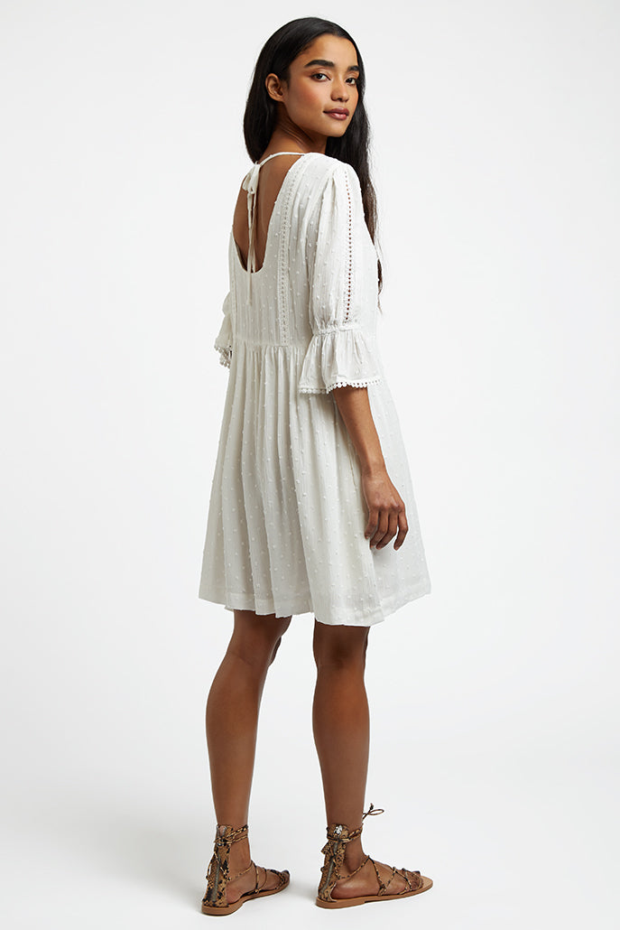 Amarine Self Dot Square Back 3/4 Sleeve Mini Dress - White