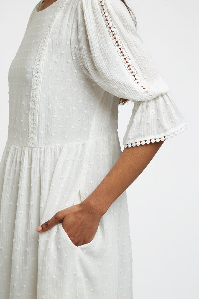 Amarine Self Dot Square Back 3/4 Sleeve Mini Dress - White