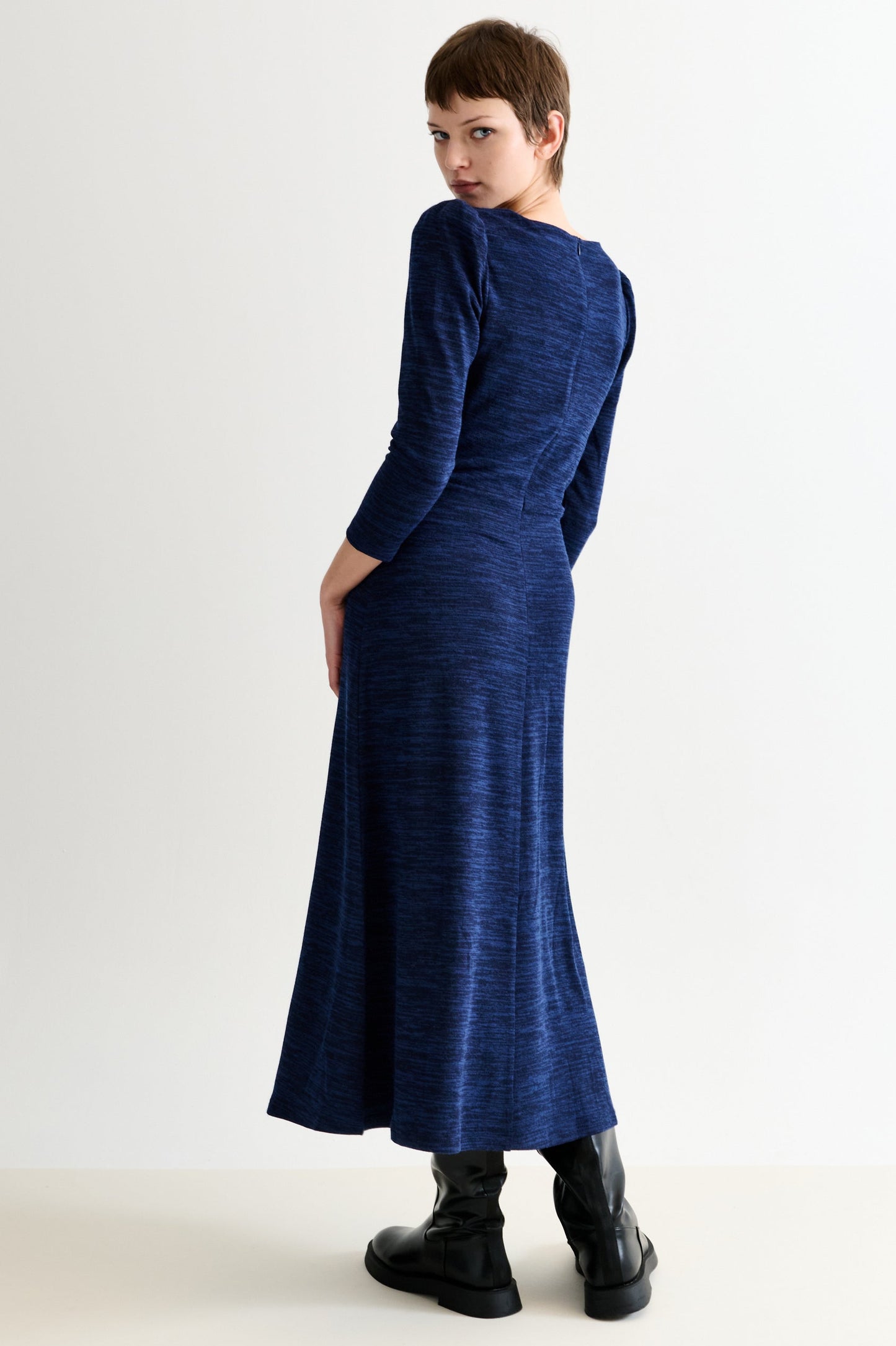 Ambrose Sustainable Marl Sweetheart Neck Midi Dress – Navy