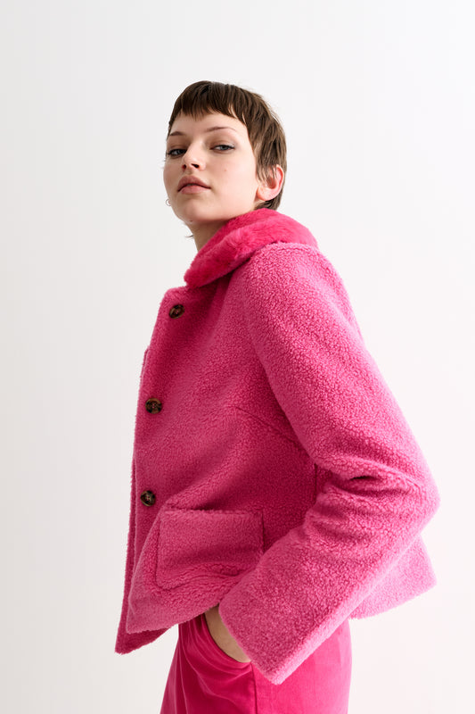 Apple Borg Faux Fur Collar Cropped Jacket – Pink