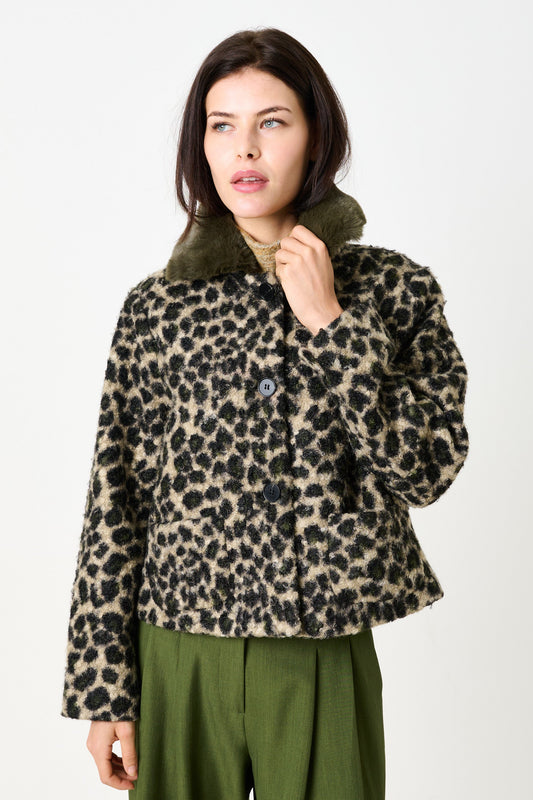 Apple Animal Teddy Faux Fur Collar Jacket - Green