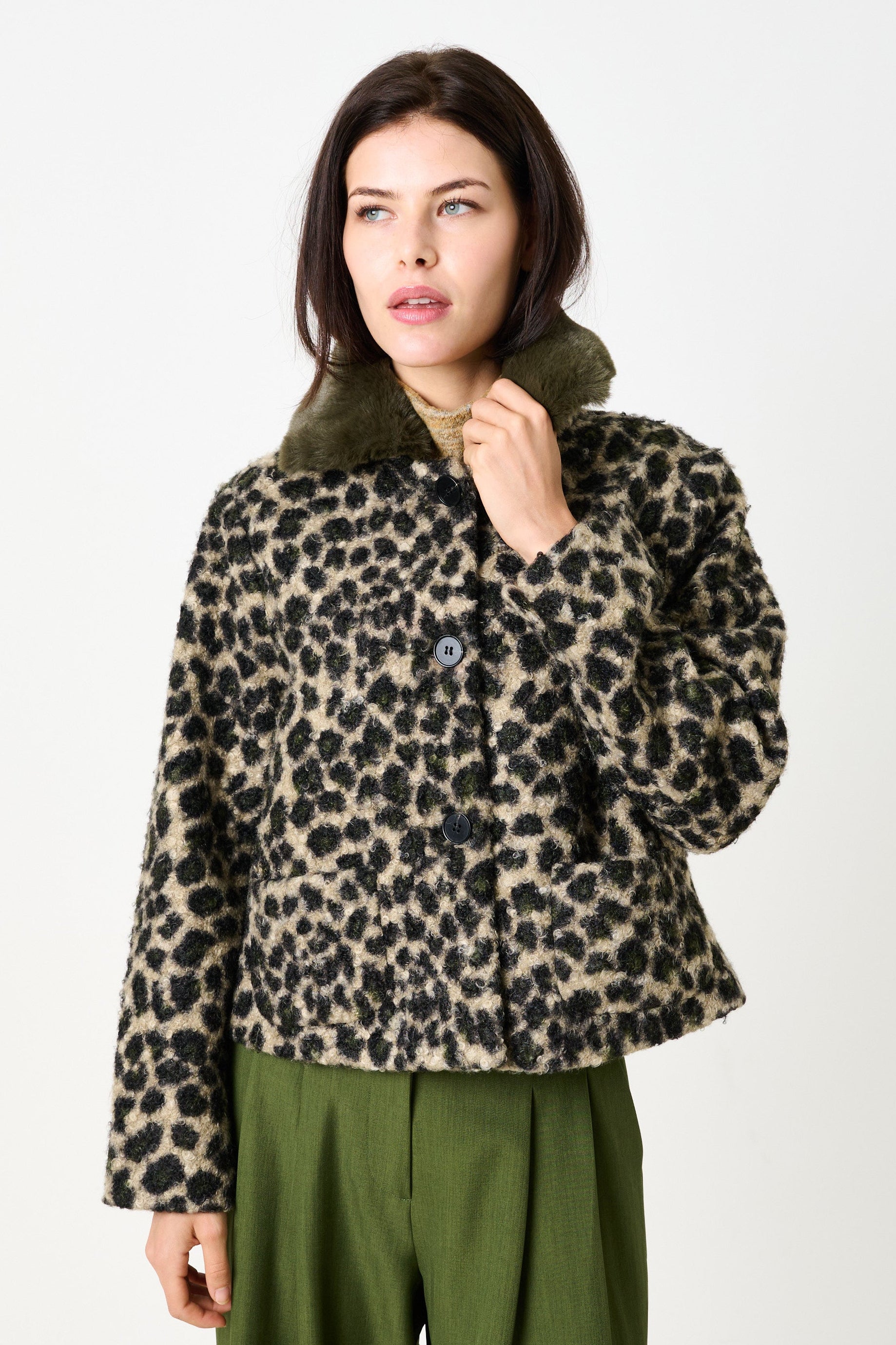 Apple Animal Teddy Faux Fur Collar Jacket - Green