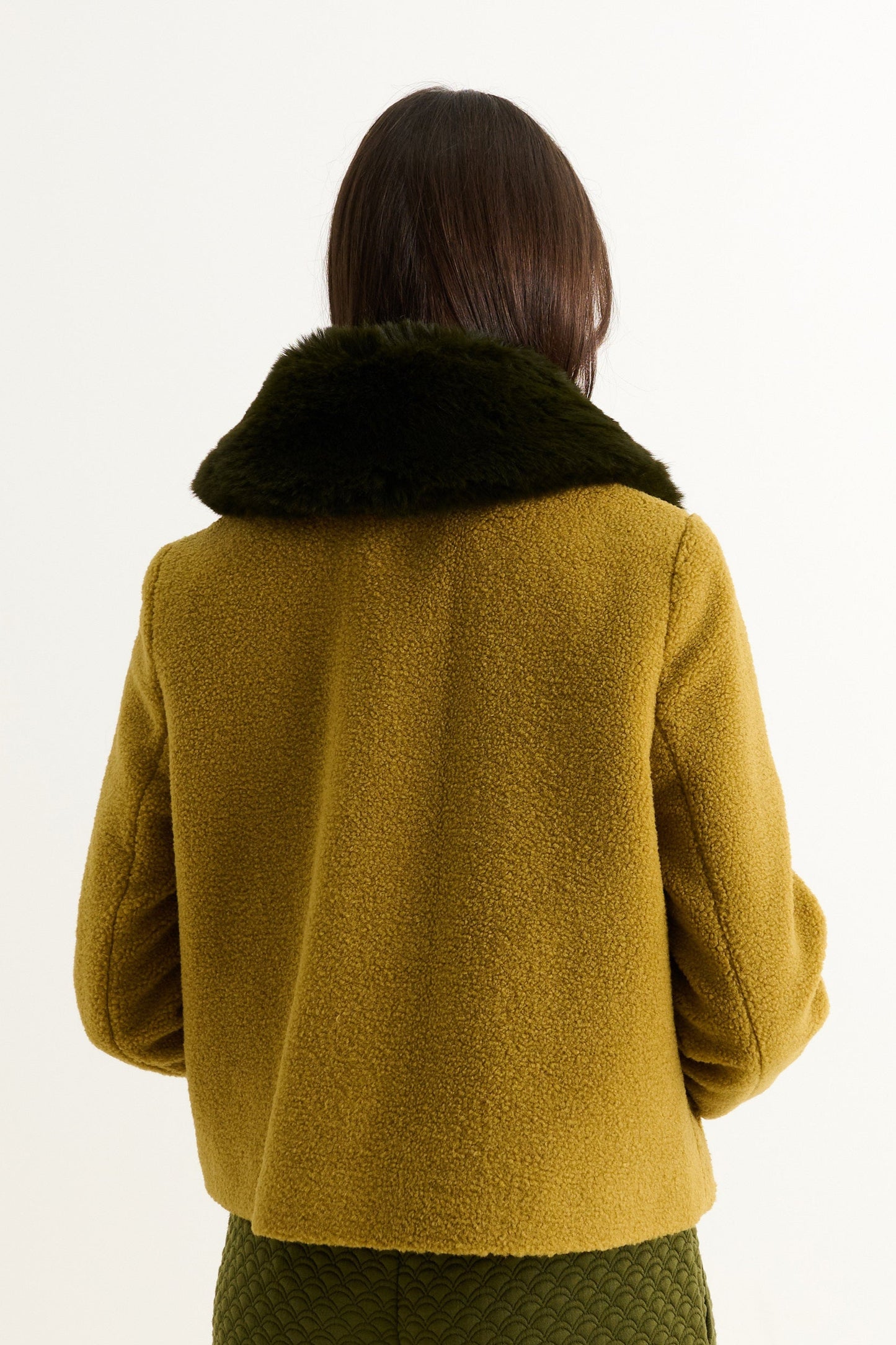 Apple Borg Faux Fur Collar Cropped Jacket – Mustard