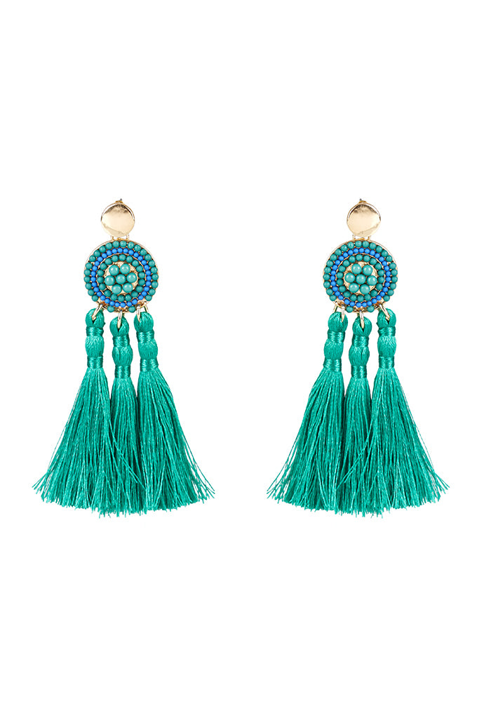 Austen Beaded Three Tassel Earrings - Green