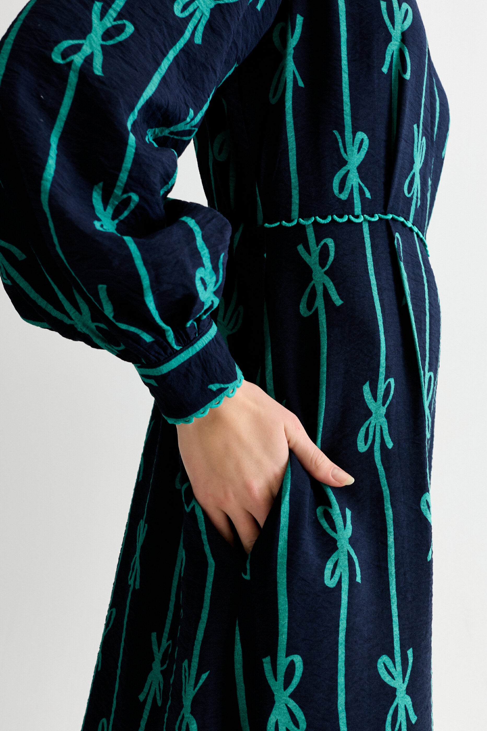 Avon Tie Up High Neck Long Sleeve Midi Dress – Navy - Detail 2