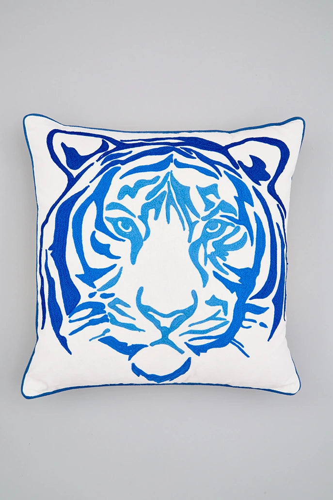 Blue Embroidered Tiger Cushion