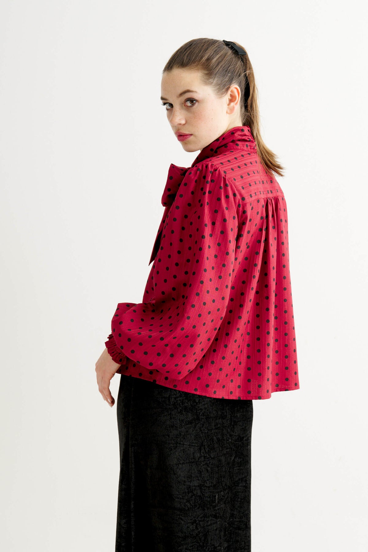 Aditi Spot Tie Neck Blouse - Wine