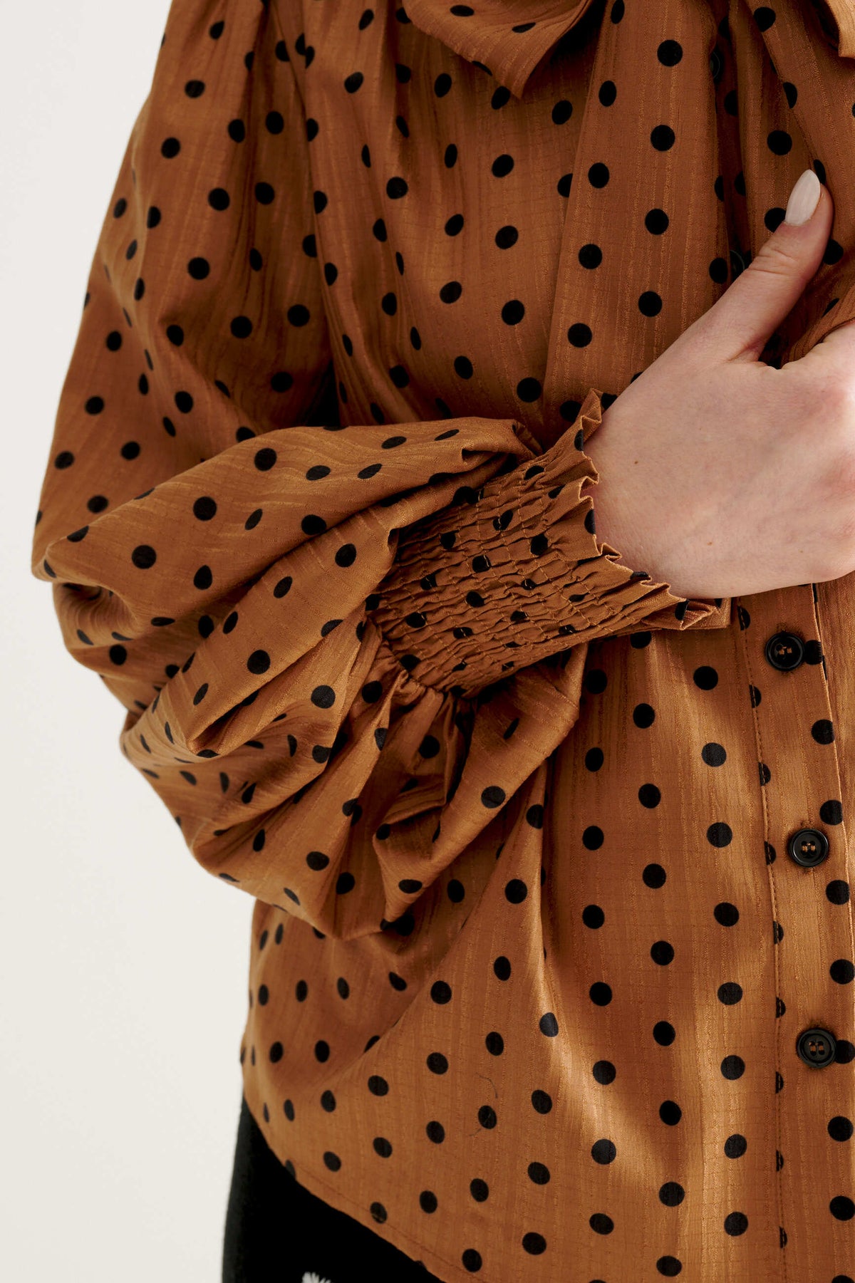 Aditi Spot Tie Neck Blouse - Toffee