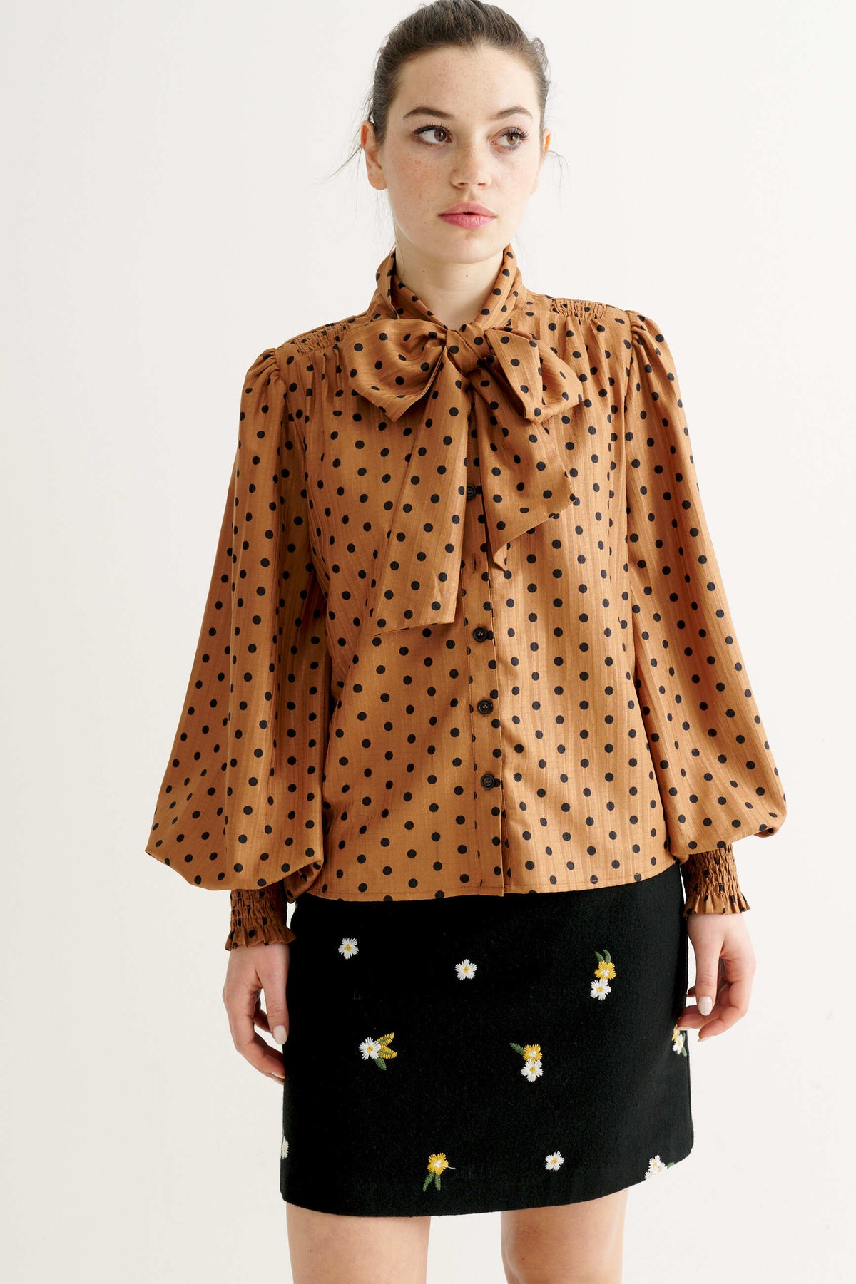 Aditi Spot Tie Neck Blouse - Toffee