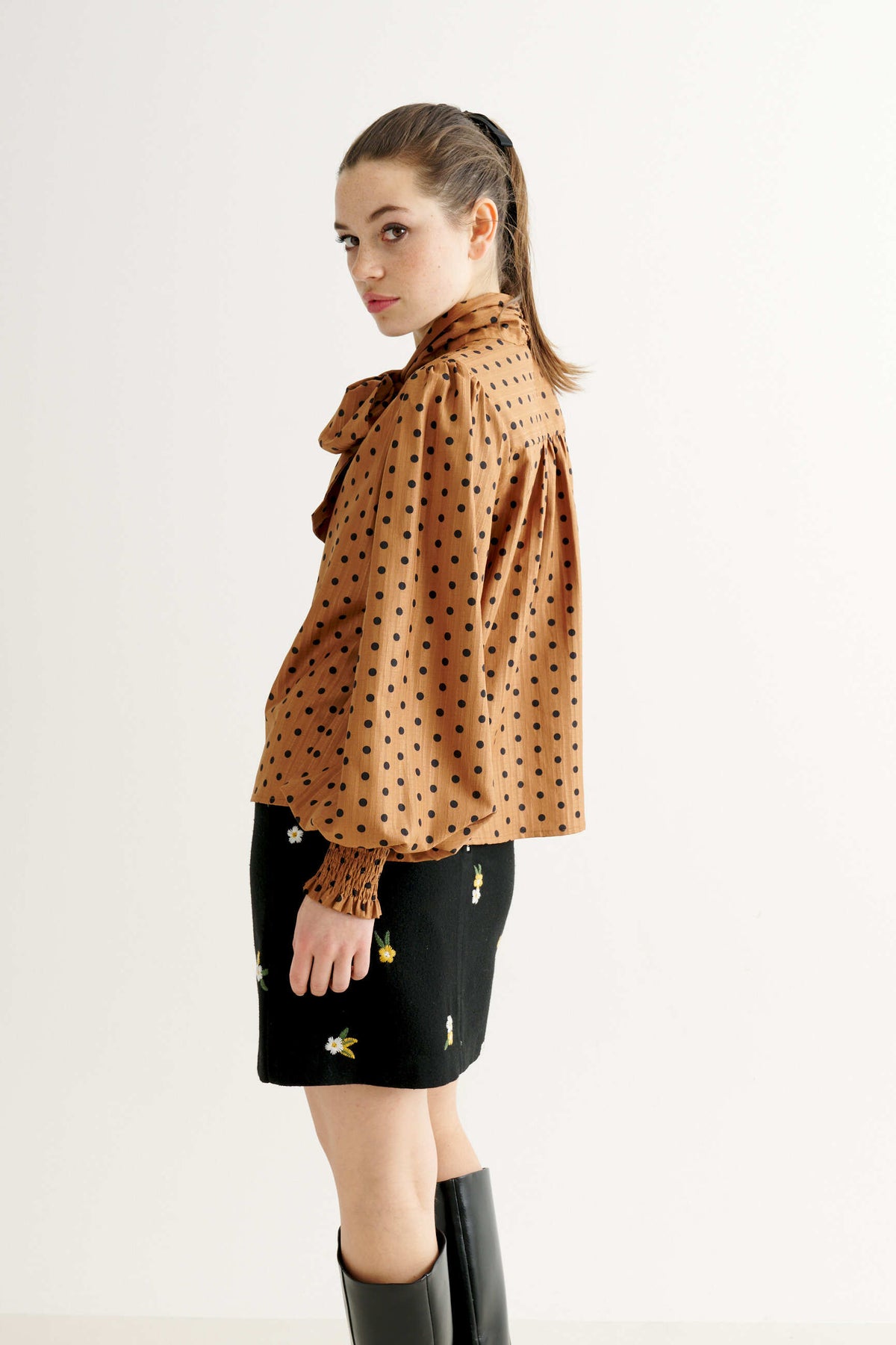 Aditi Spot Tie Neck Blouse - Toffee