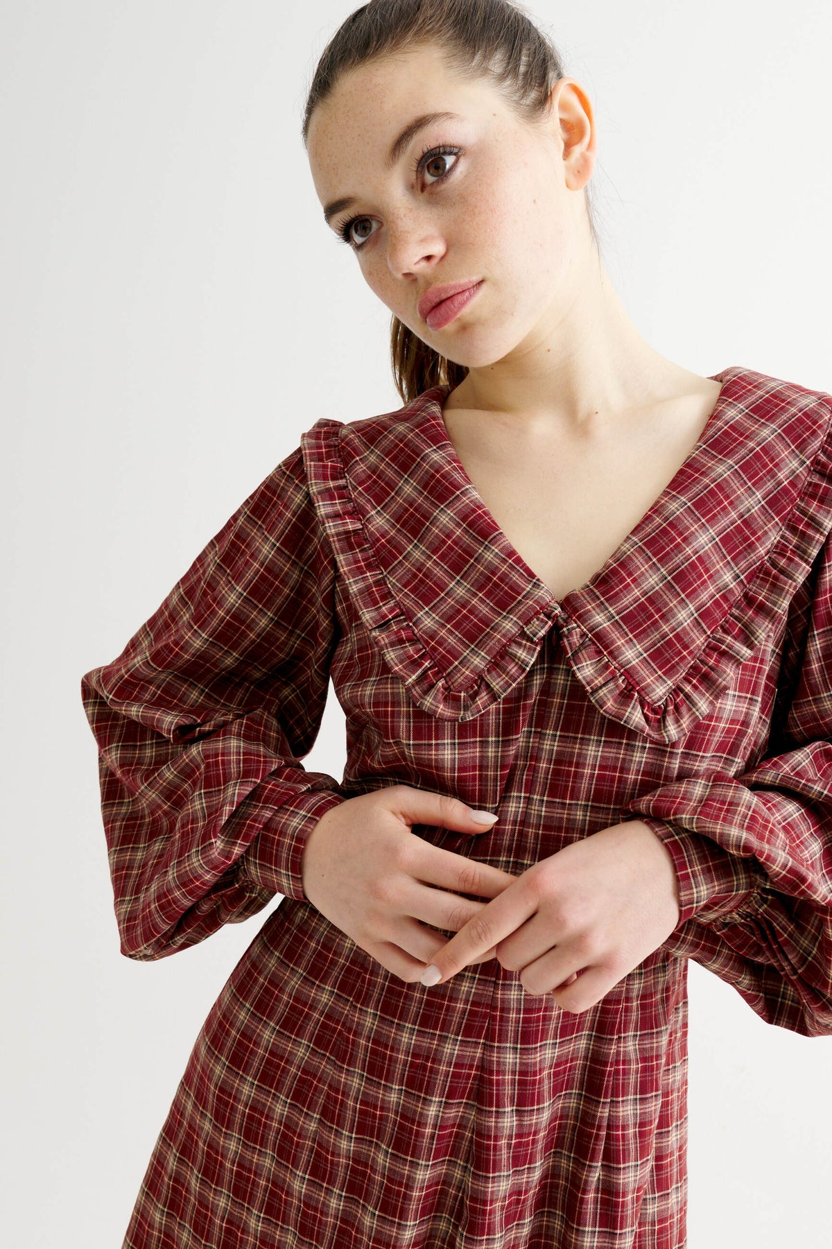 Alva Shadow Check Long Sleeve Midi Dress - Russet