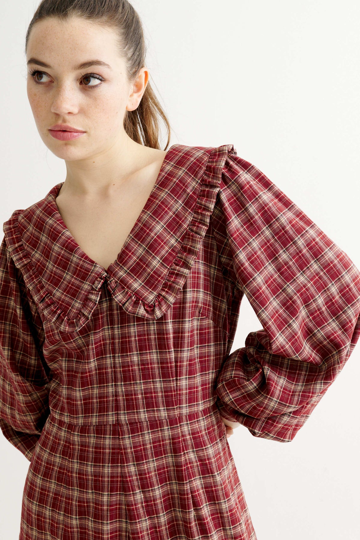 Alva Shadow Check Long Sleeve Midi Dress - Russet