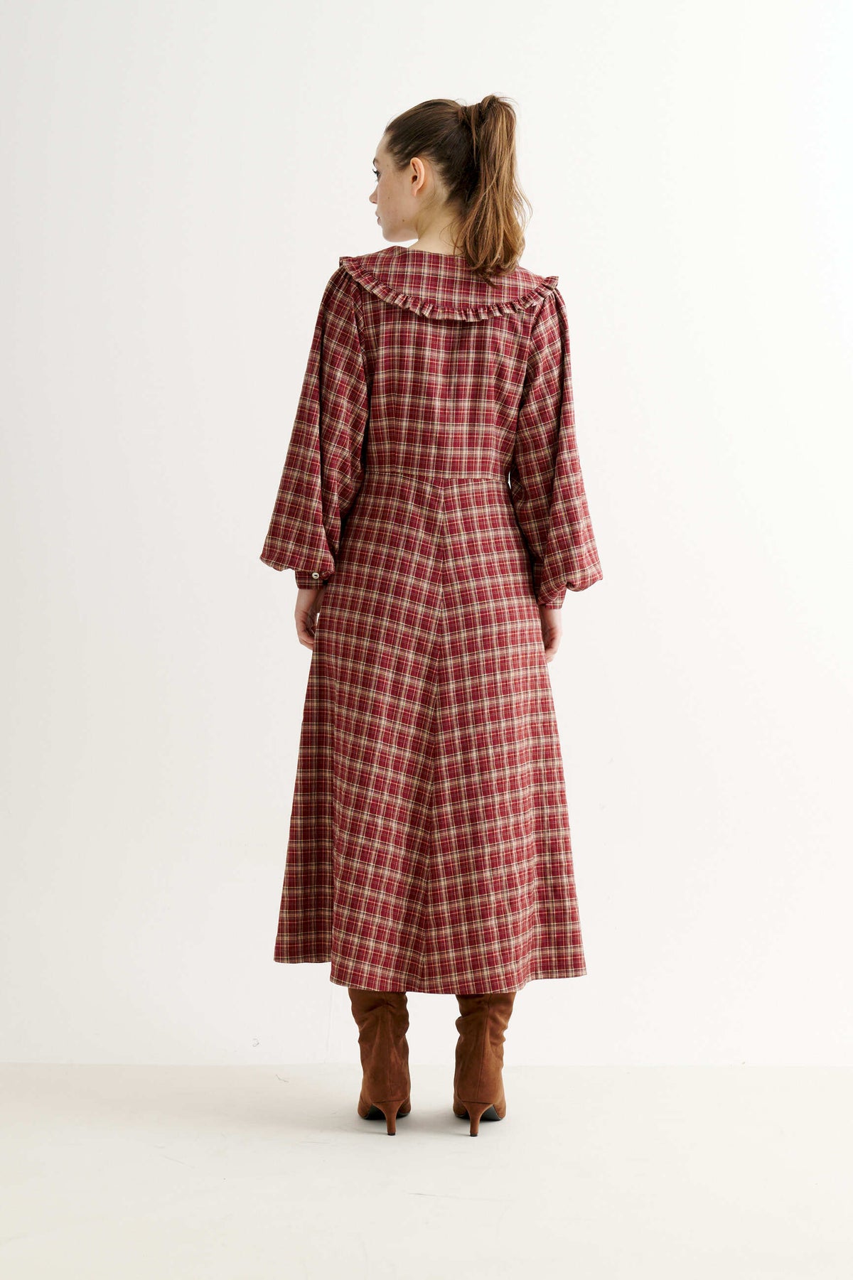 Alva Shadow Check Long Sleeve Midi Dress - Russet