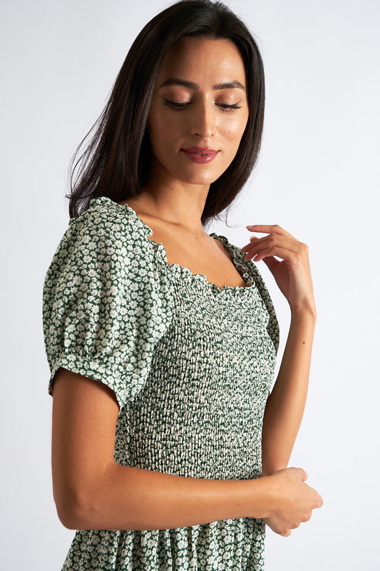 Babette Floral Shirred Bodice Midi Dress Green