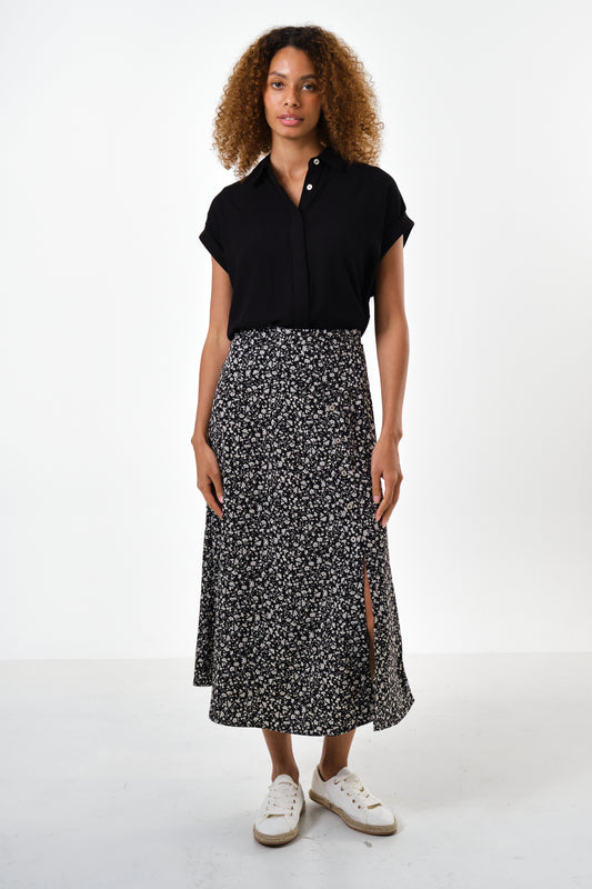 Barney Floral Print Midi Skirt Black