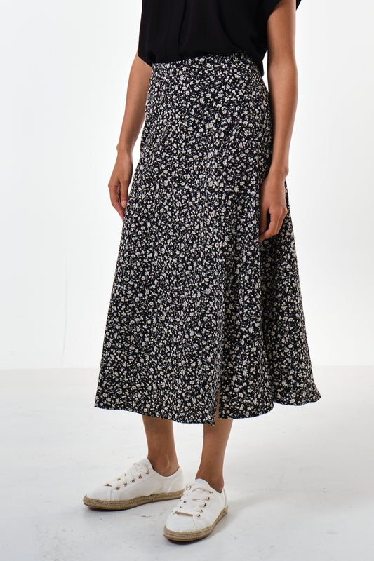 Barney Floral Print Midi Skirt Black