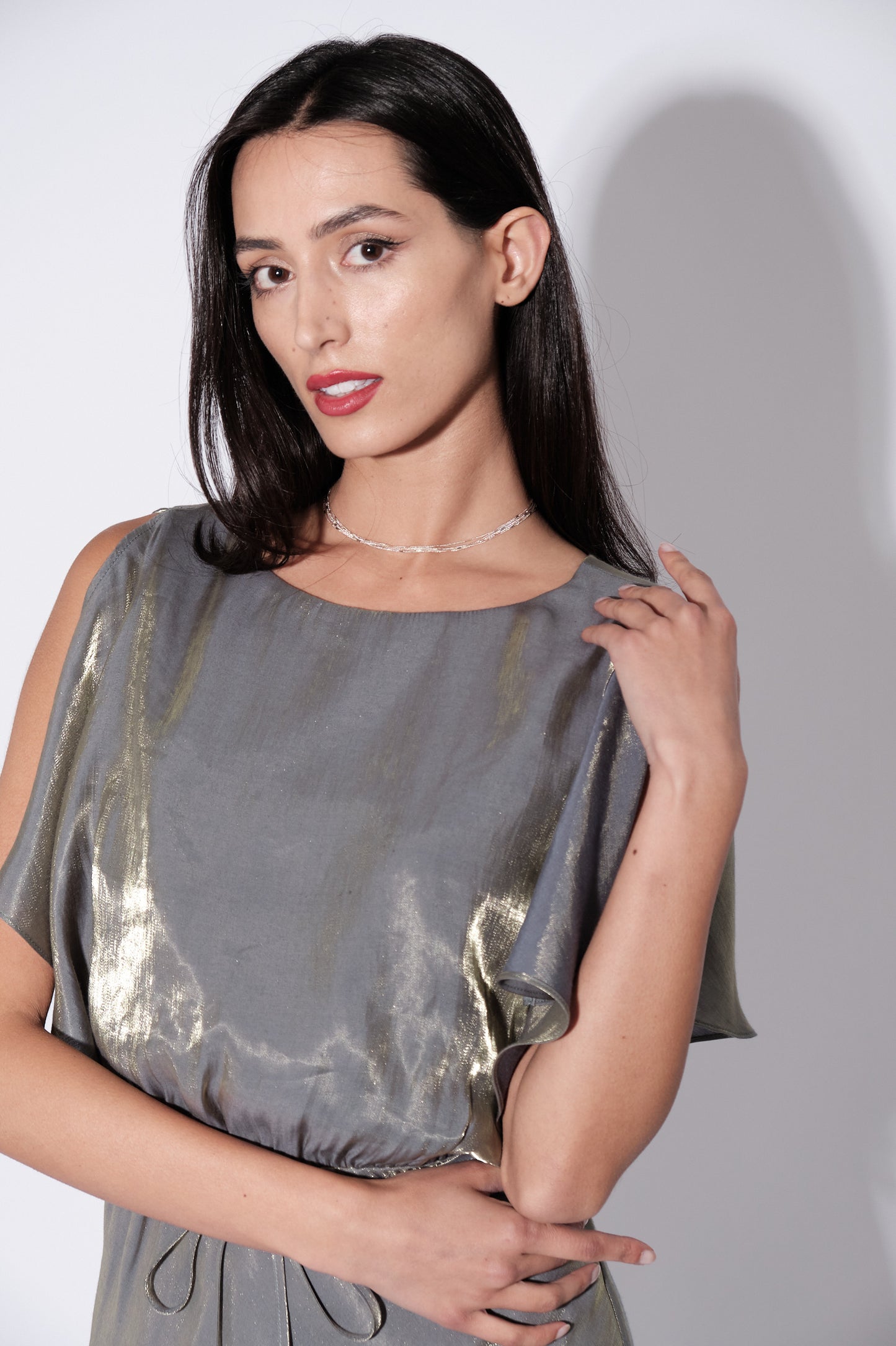 Basford Iridescent Cape Sleeve Midi Dress