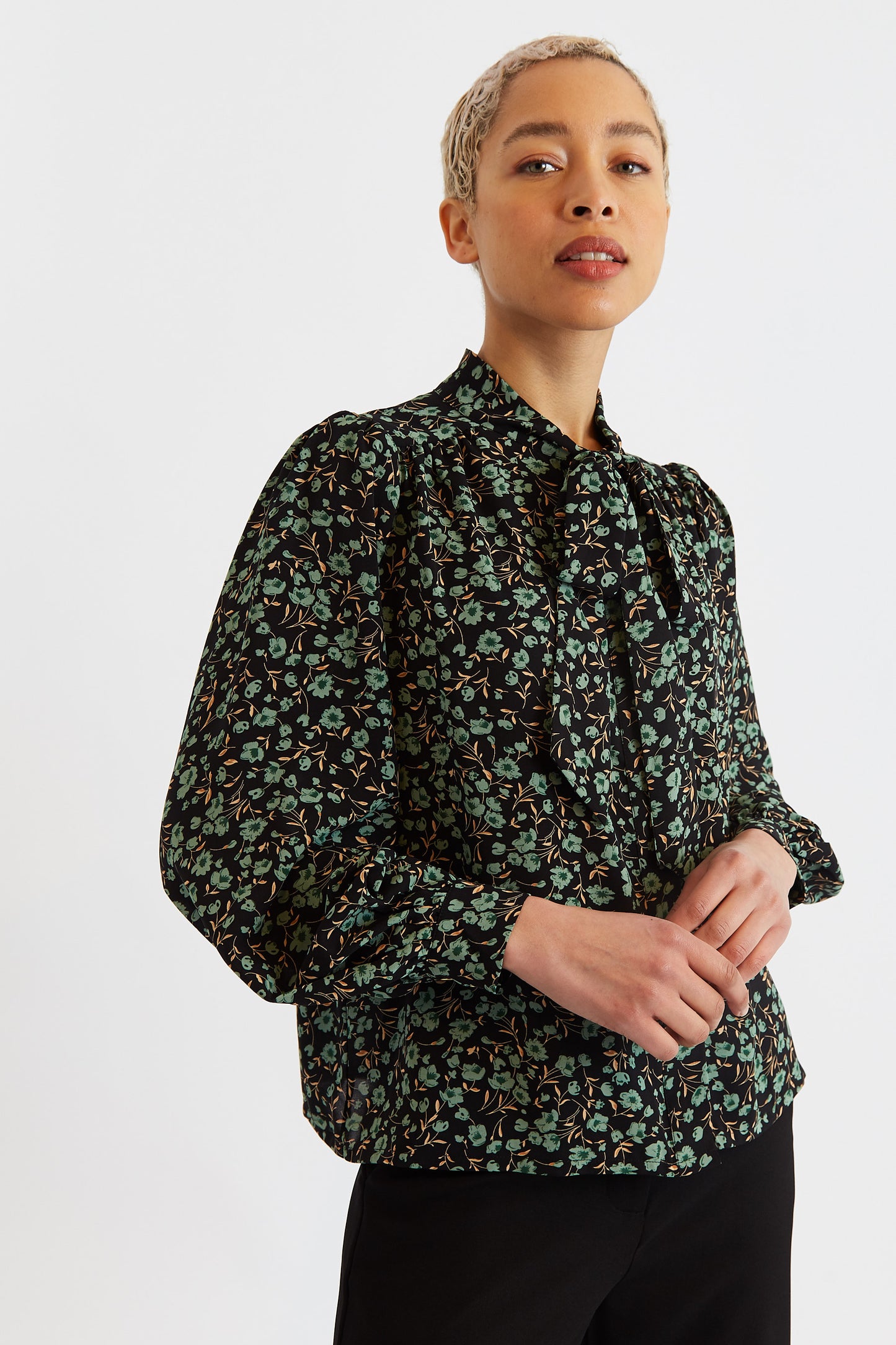 Bathilde Fleur Vert Print Tie Neck Blouse