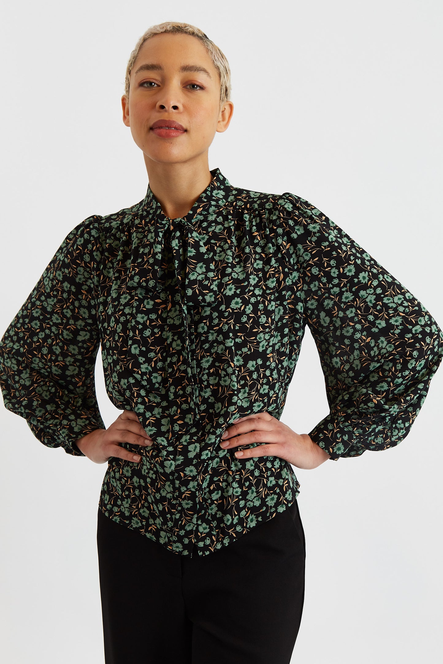 Bathilde Fleur Vert Print Tie Neck Blouse