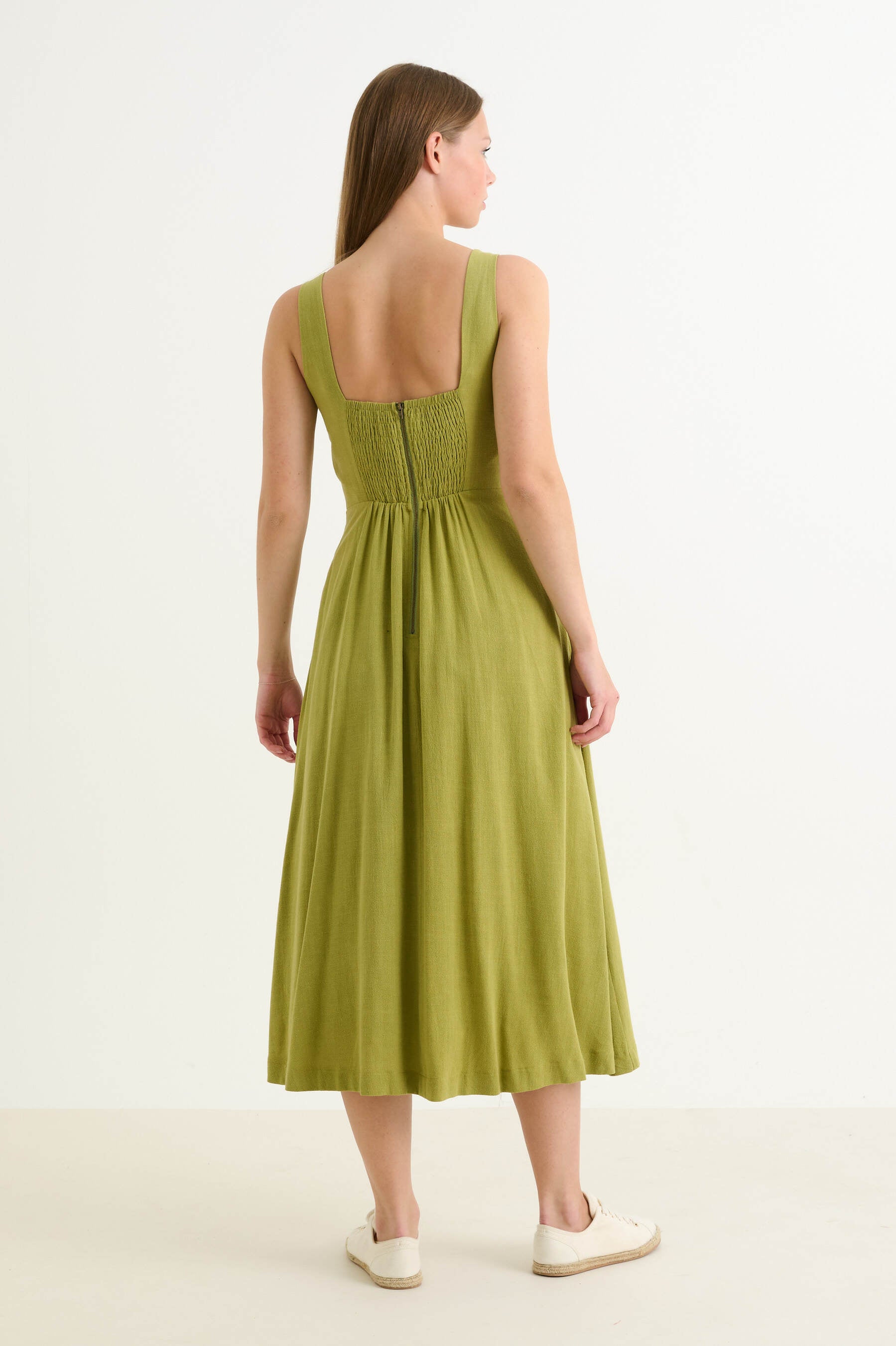 Baya Linen Mix Square Neck Midi Dress - Avocado Green