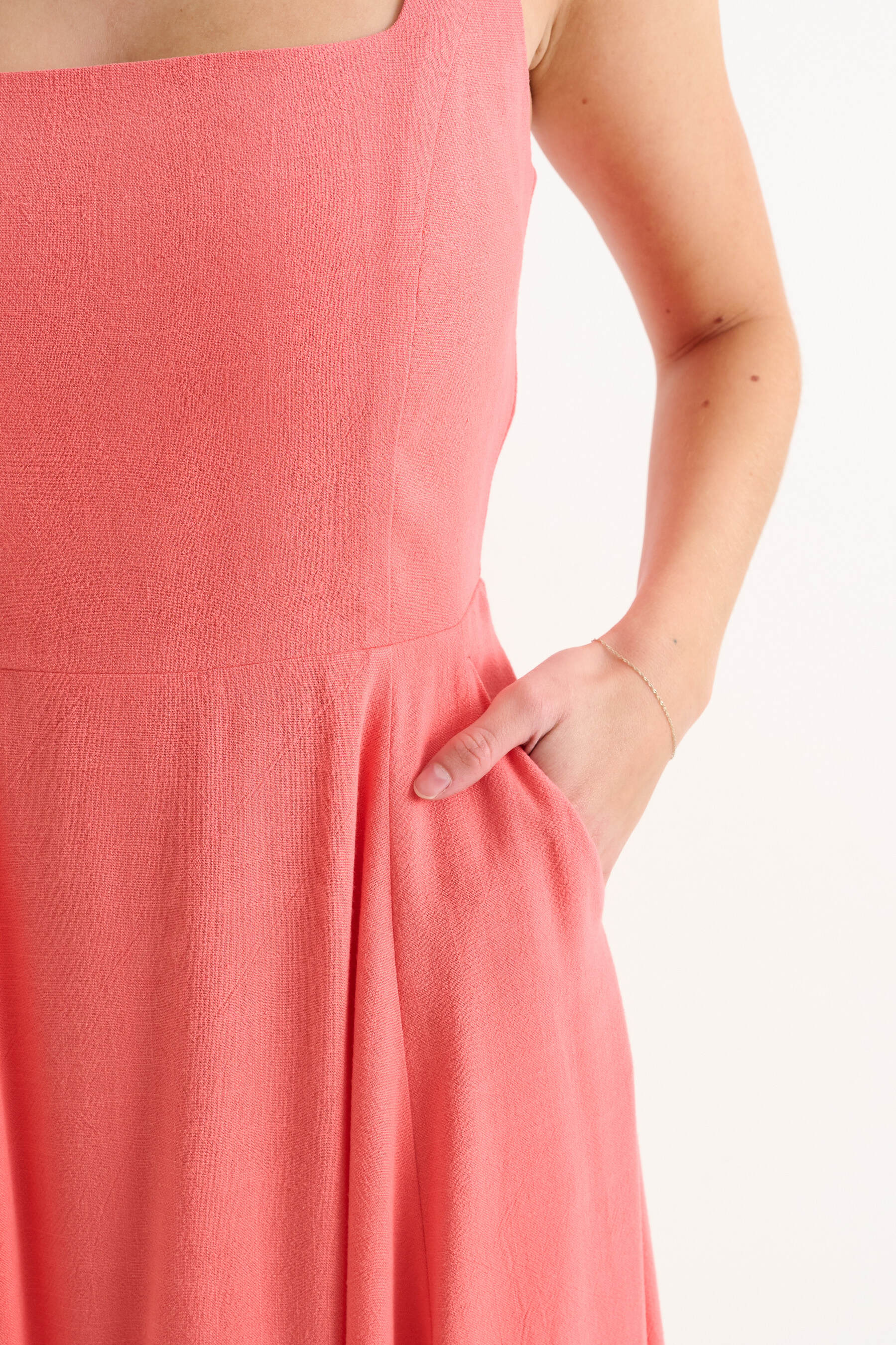 Baya Linen Mix Square Neck Midi Dress- Coral