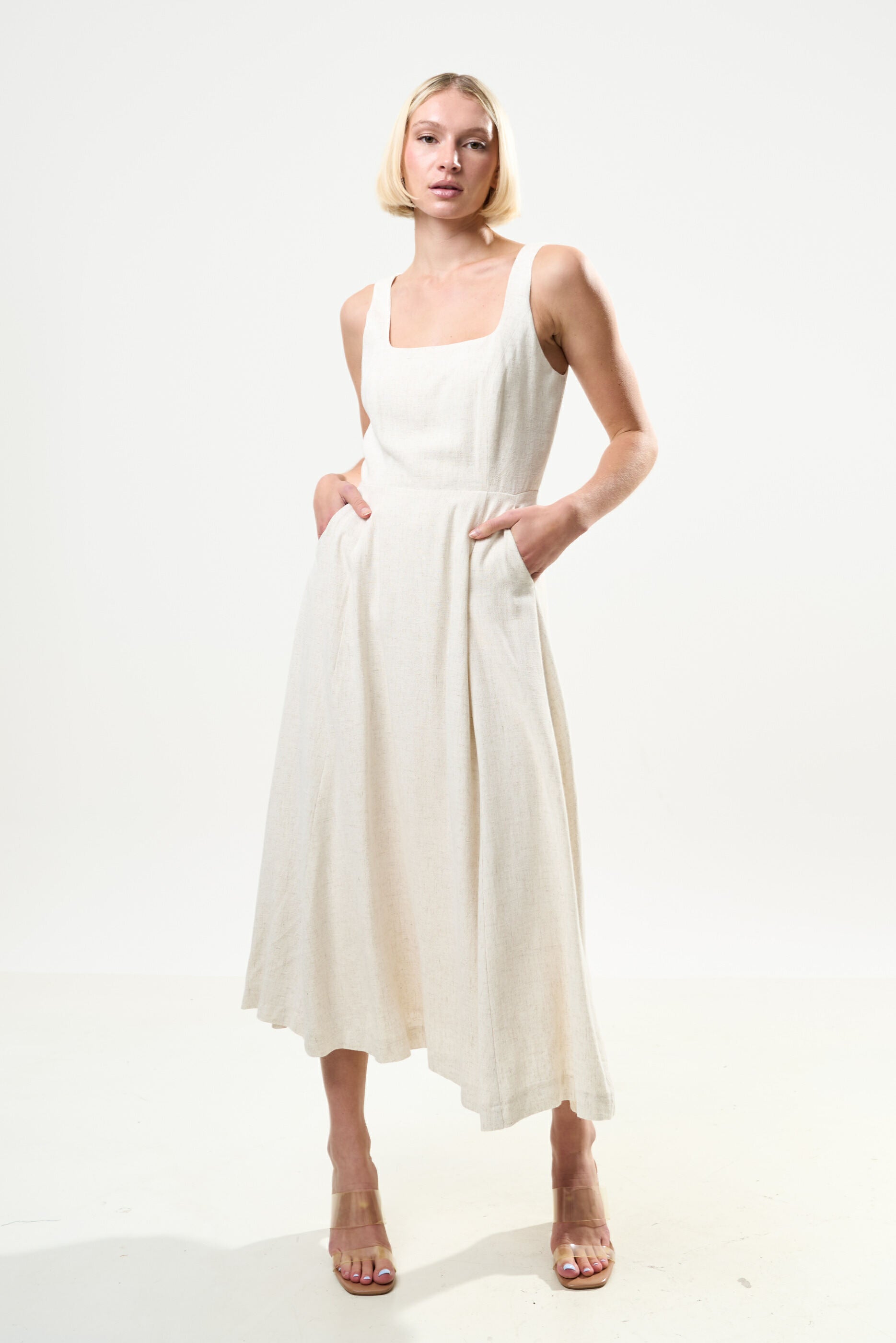Baya Linen Mix Square Neck Midi Dress - Natural