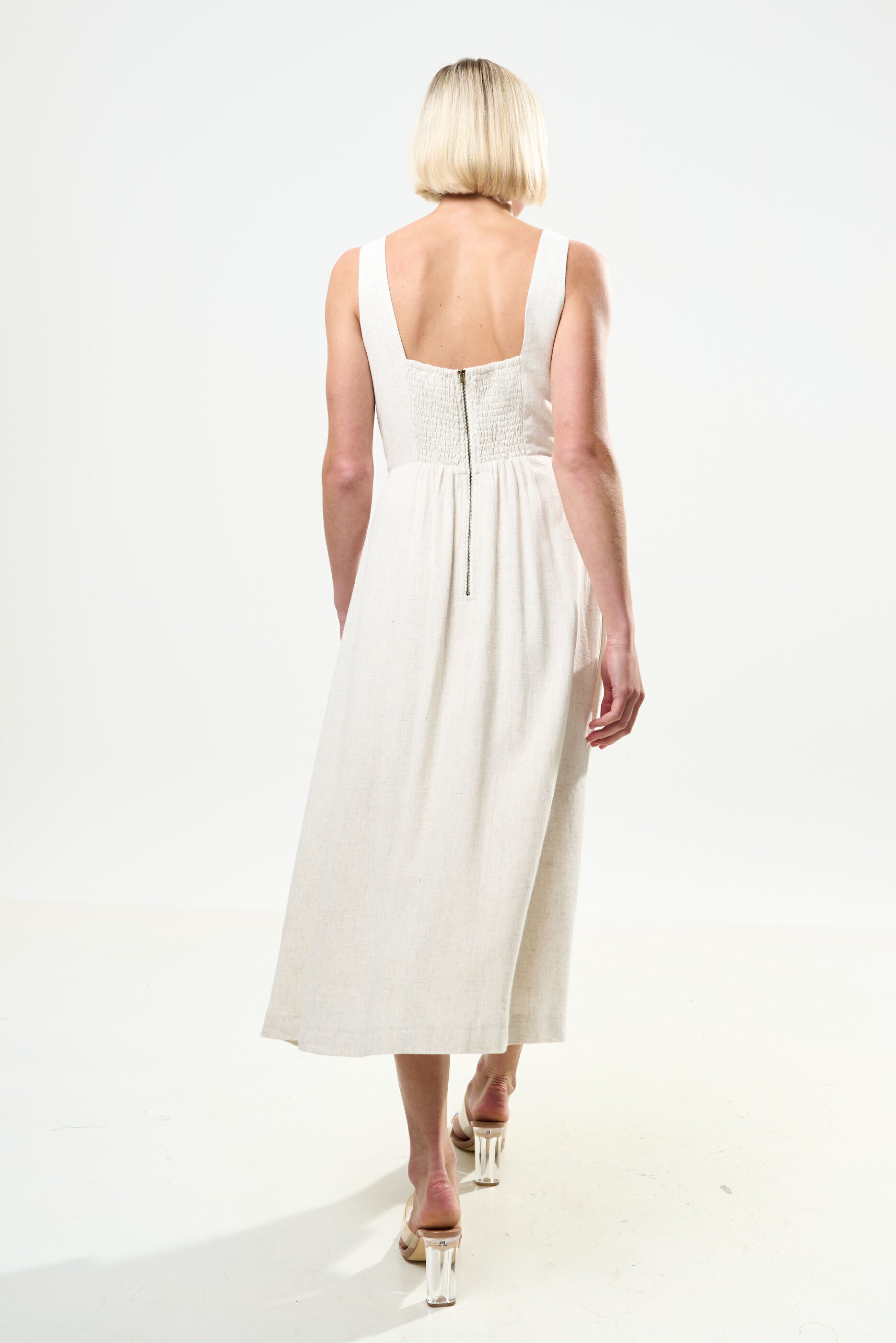 Baya Linen Mix Square Neck Midi Dress - Natural