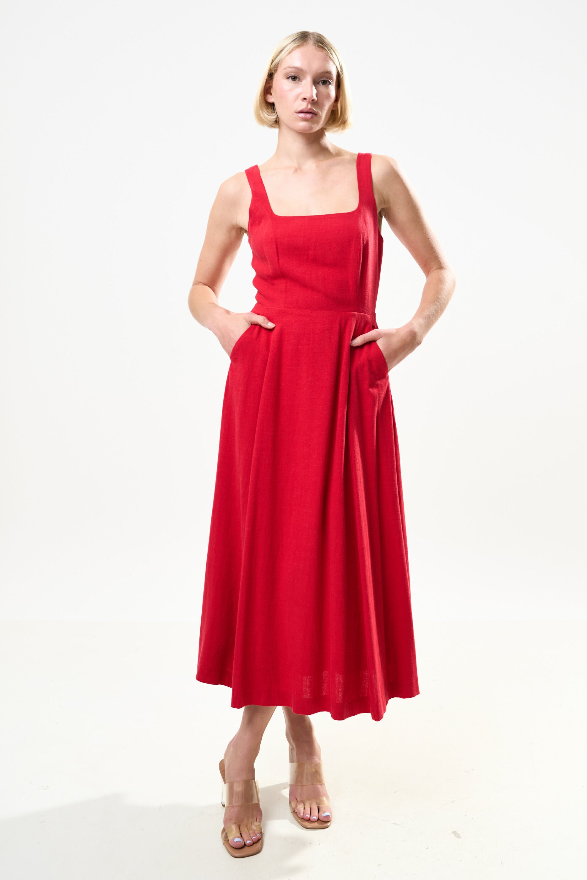 Baya Linen Mix Square Neck Midi Dress - Red