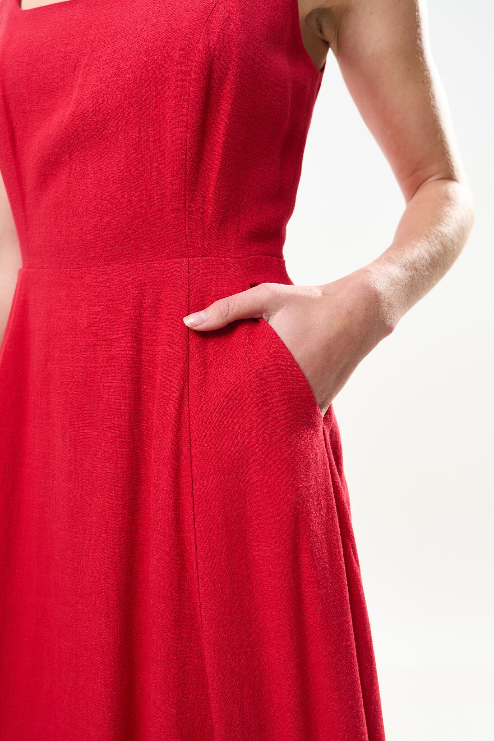 Baya Linen Mix Square Neck Midi Dress - Red