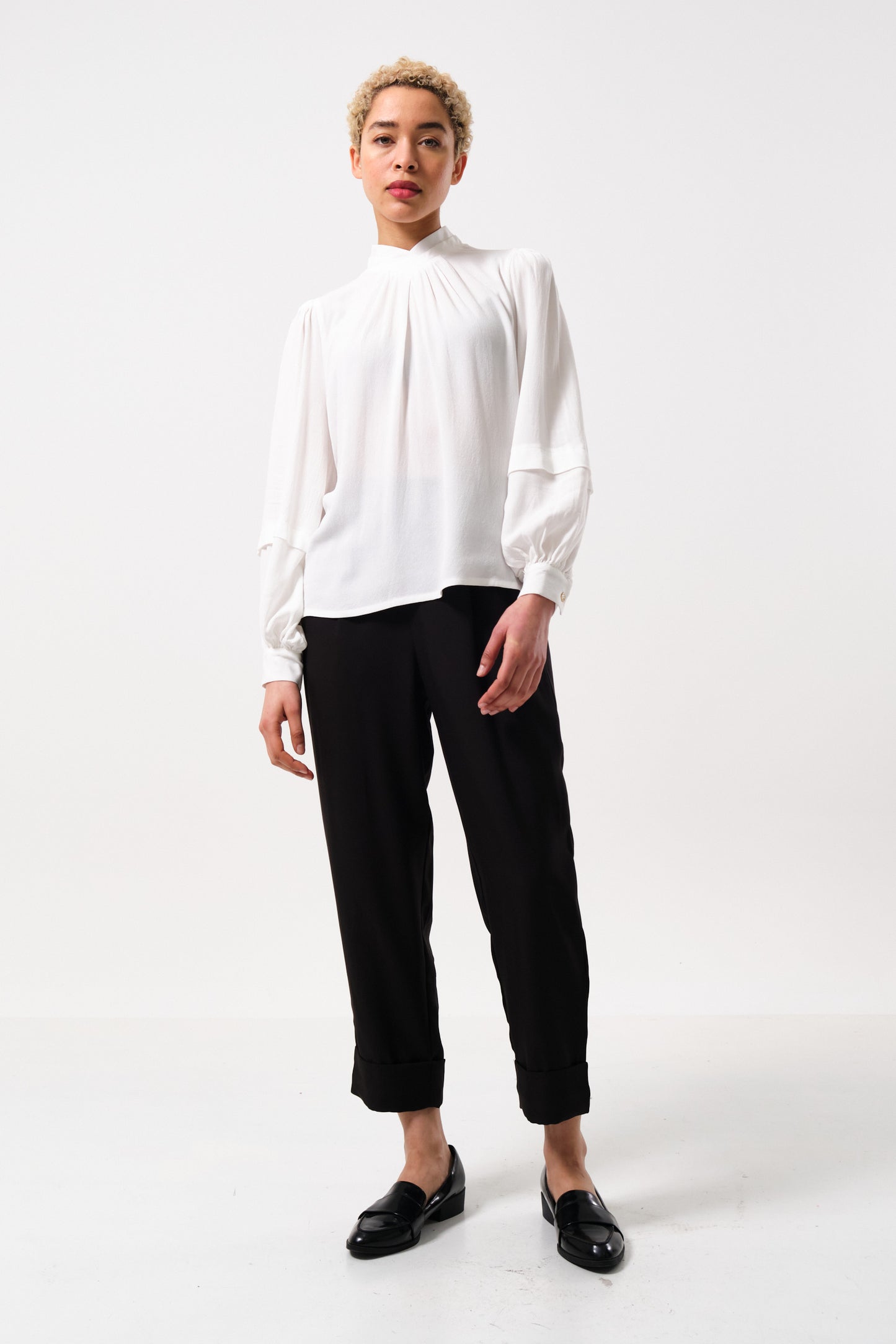 Kieran Moss Crepe Pleat Neck Blouse