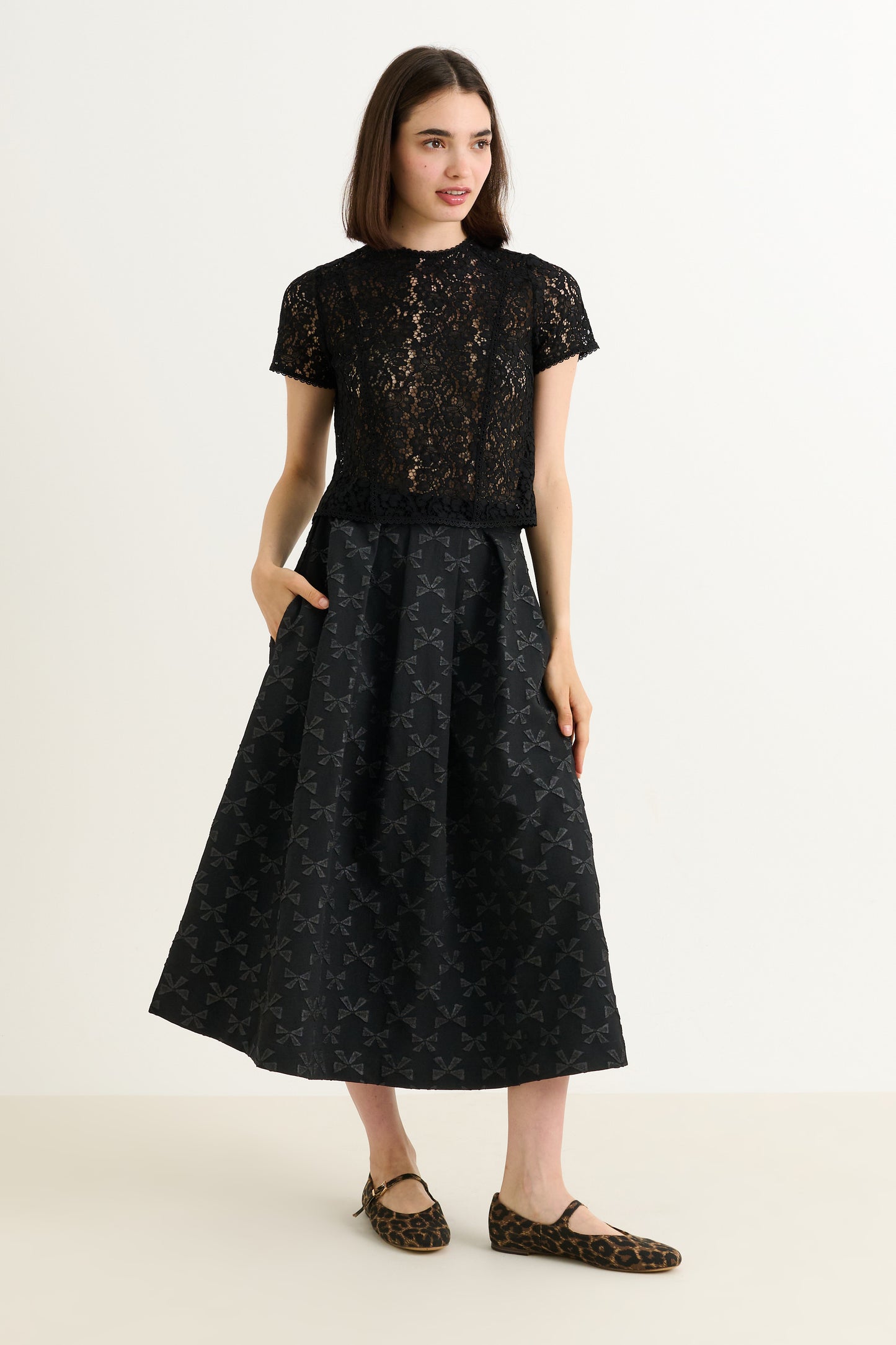 Belita Bow Jacquard Black Midi Skirt