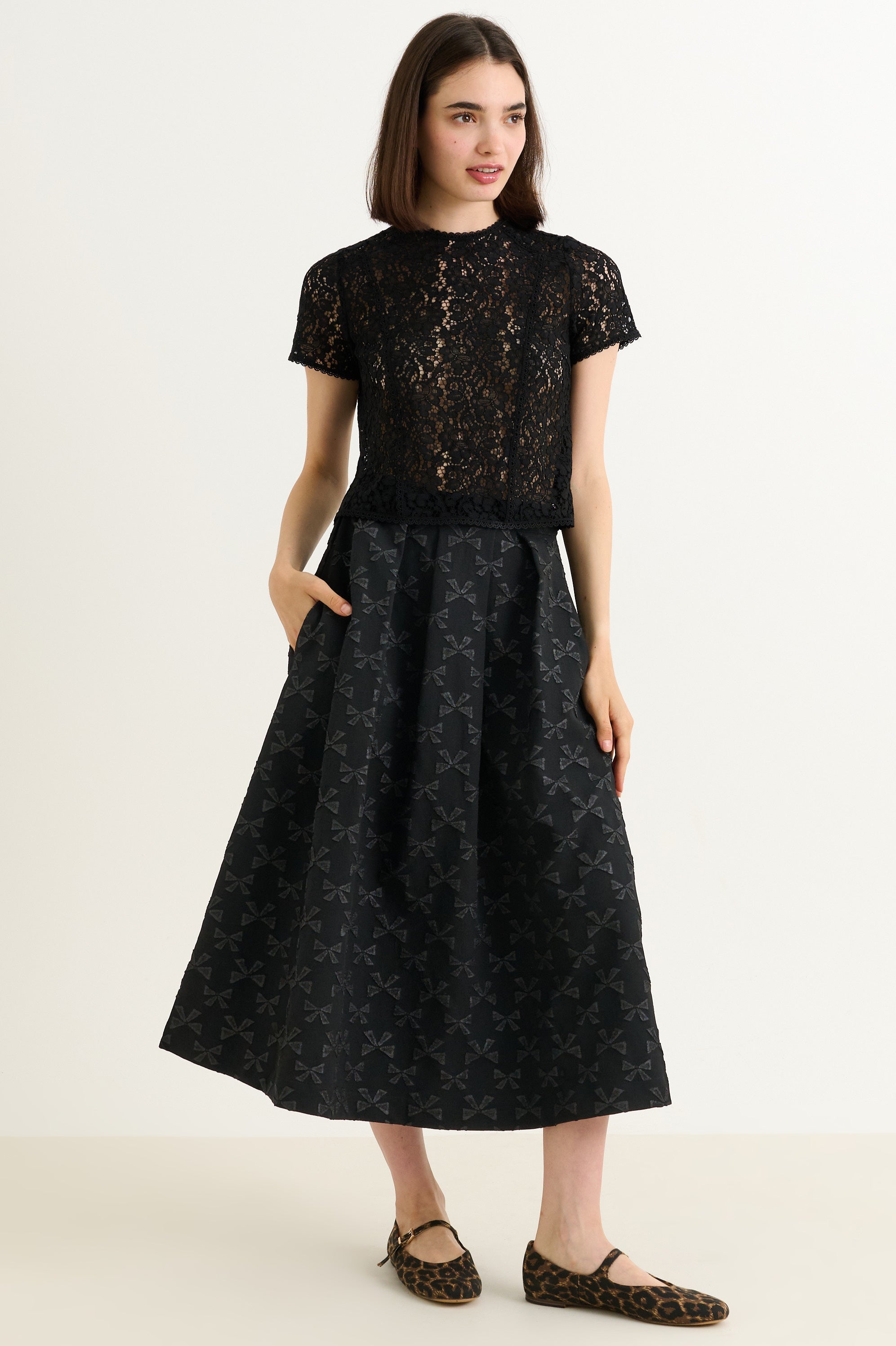 Belita Bow Jacquard Black Midi Skirt